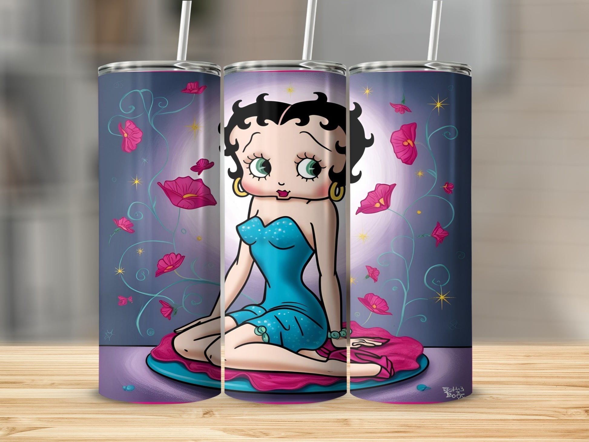 Betty Boop in blue dress with pink flowers, cartoon art on tumbler.