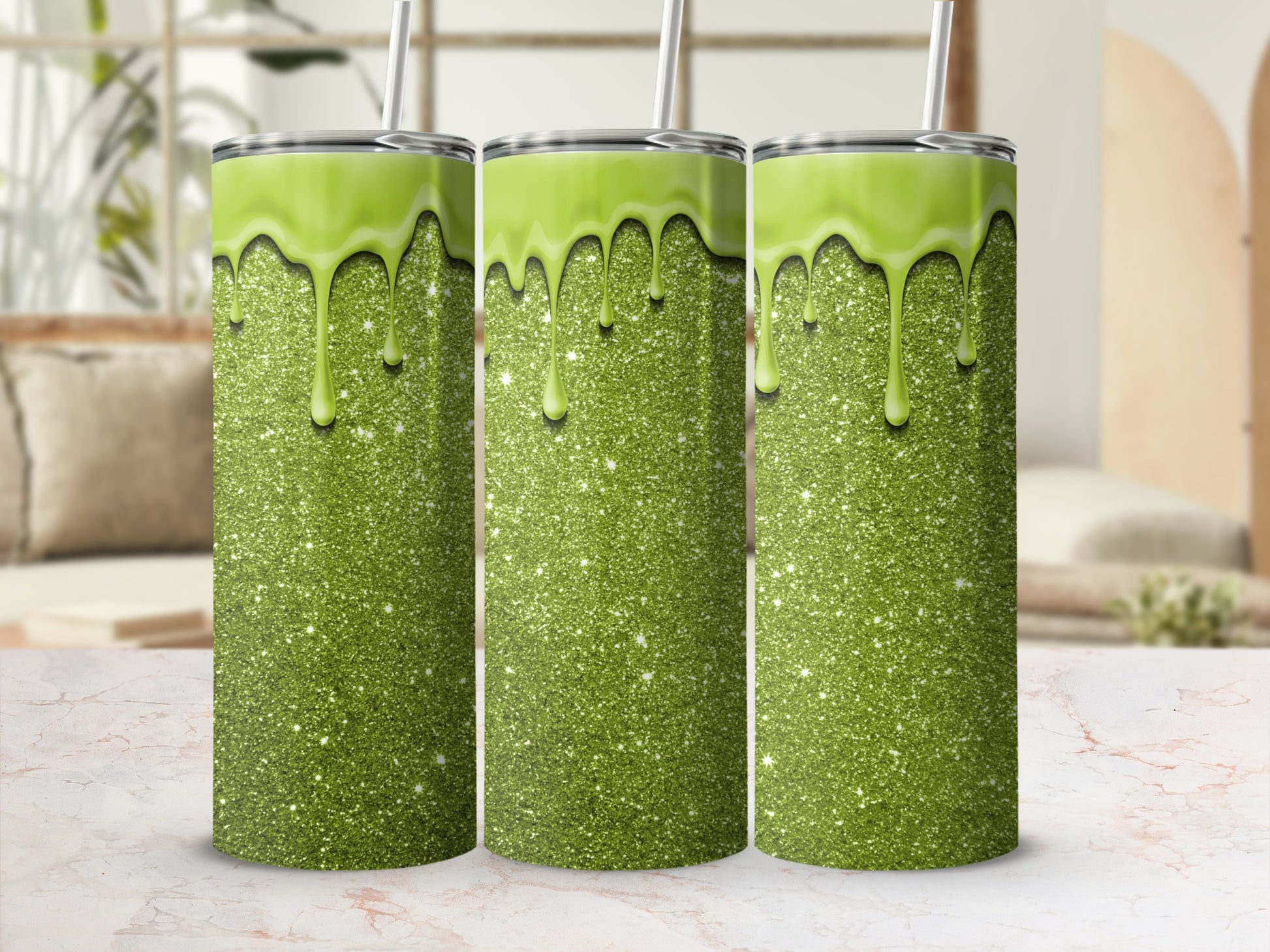 Glittery Green Tumbler with Stylish Dripping Paint Design