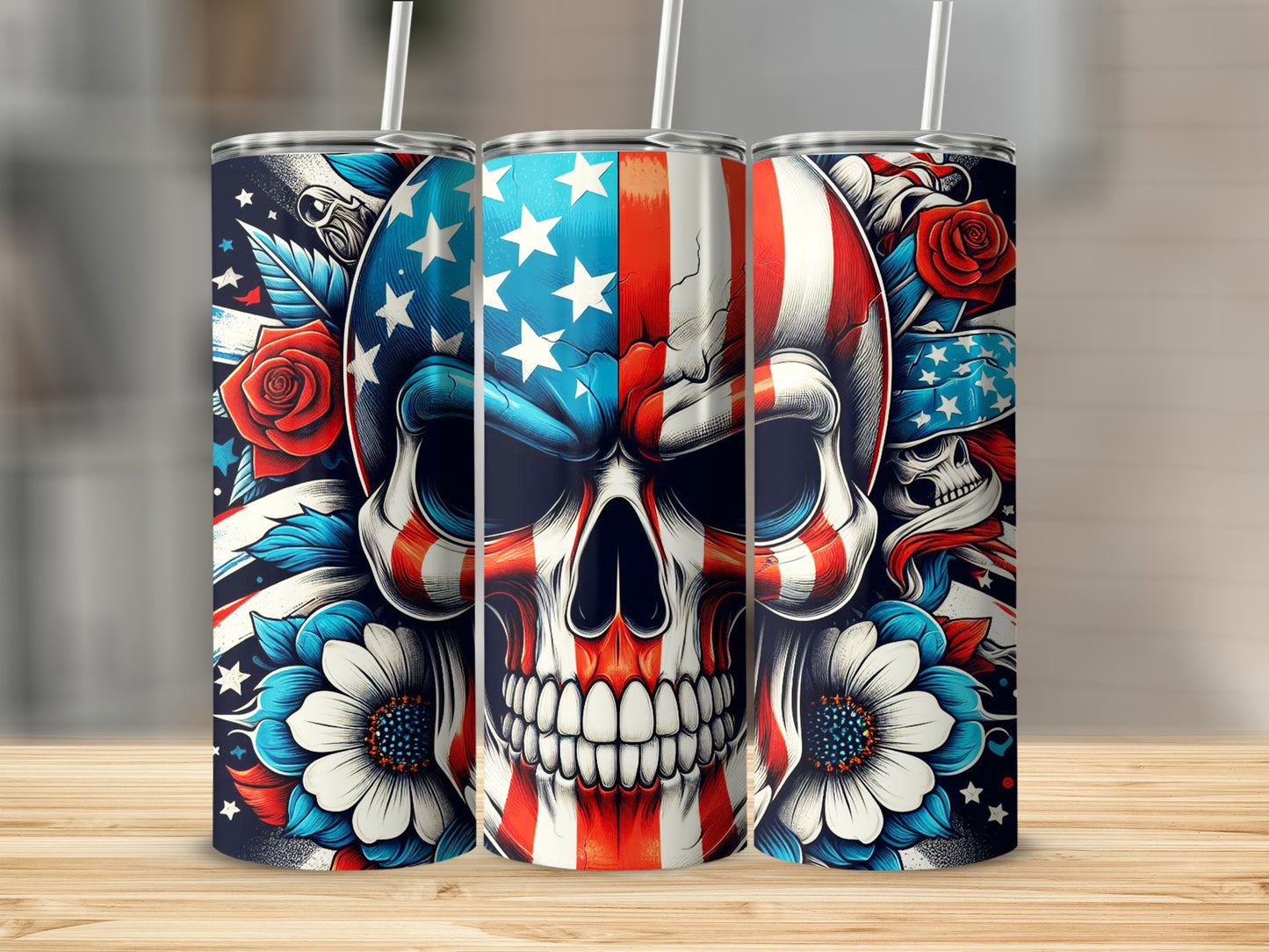 Three tumblers with patriotic skull and floral designs.