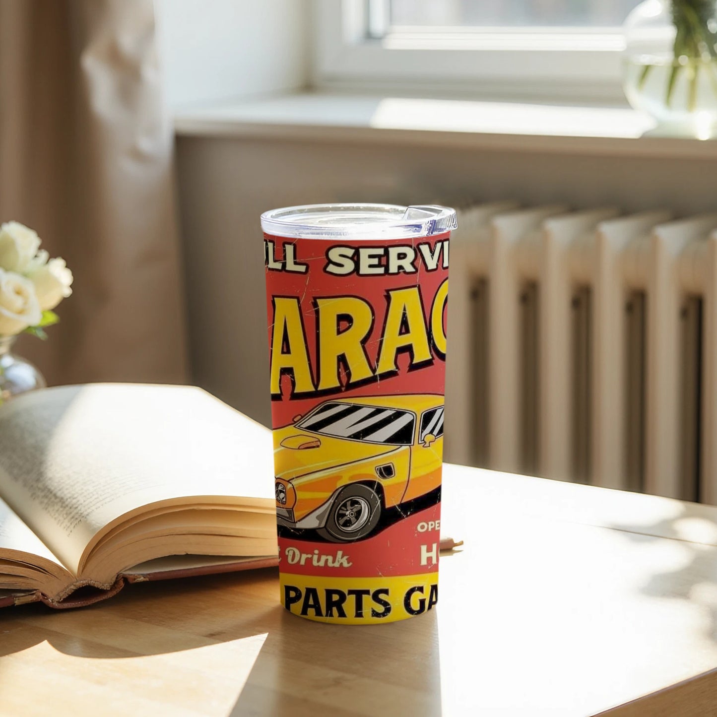 Retro Garage Theme Tumbler With Muscle Car Design