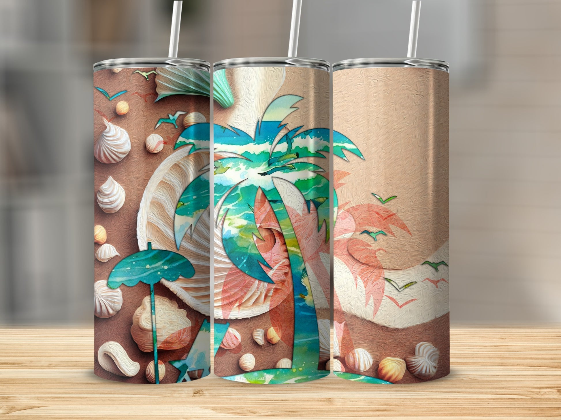 Three tumblers with a beach scene featuring a palm tree, shells, and birds.