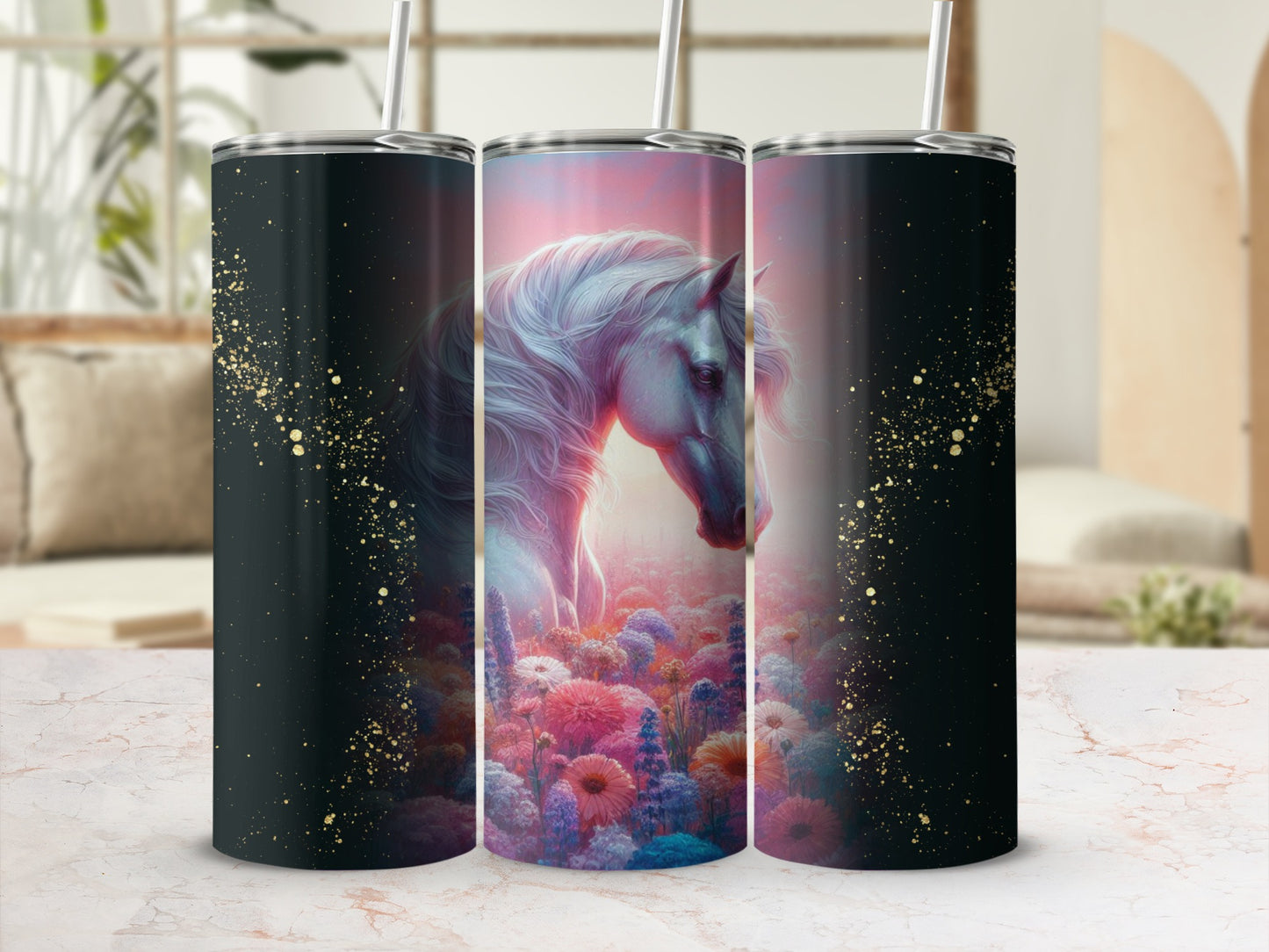 Tumbler with white horse in colorful flowers, gold flecks.