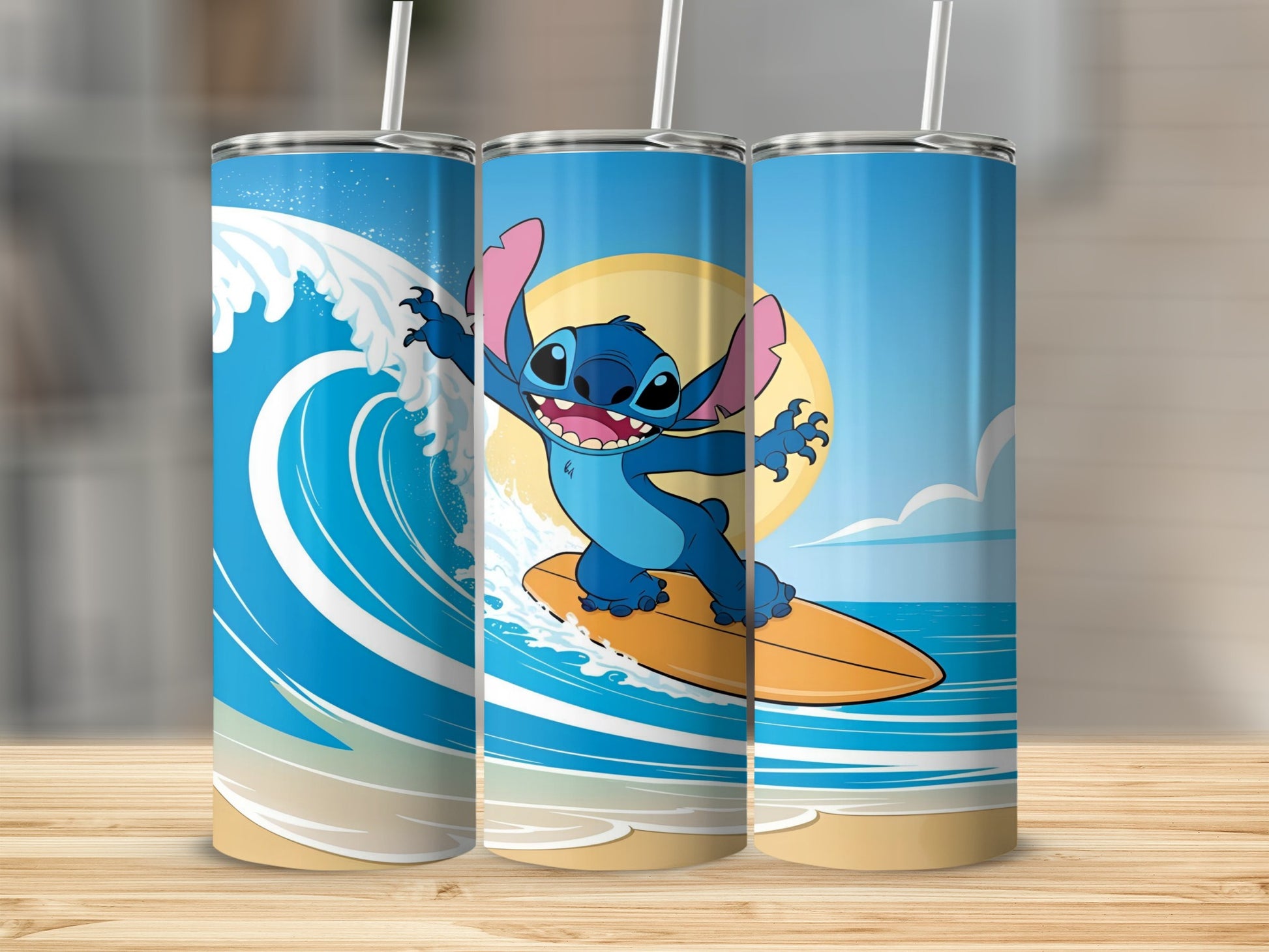 Stitch surfing a wave on a surfboard under a bright sun.