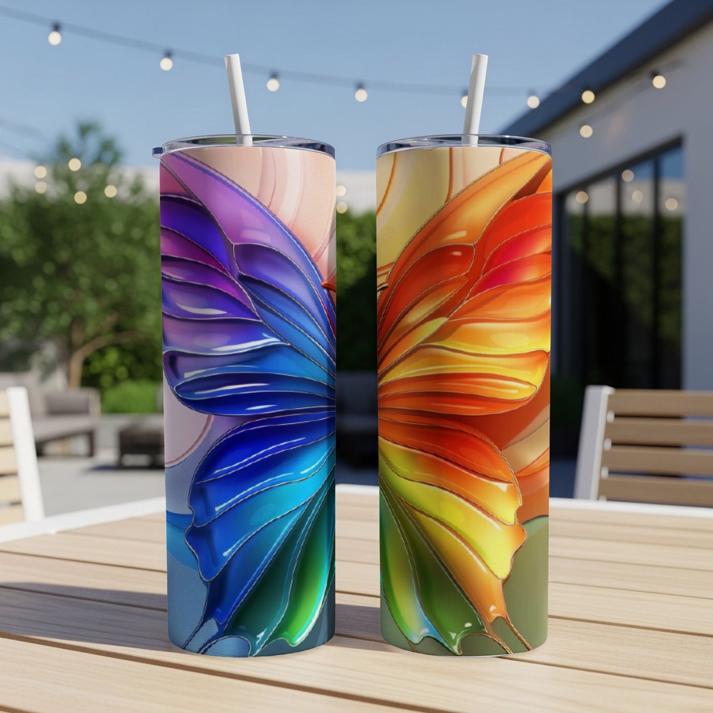 Two tumblers with iridescent butterfly wing designs and straws.