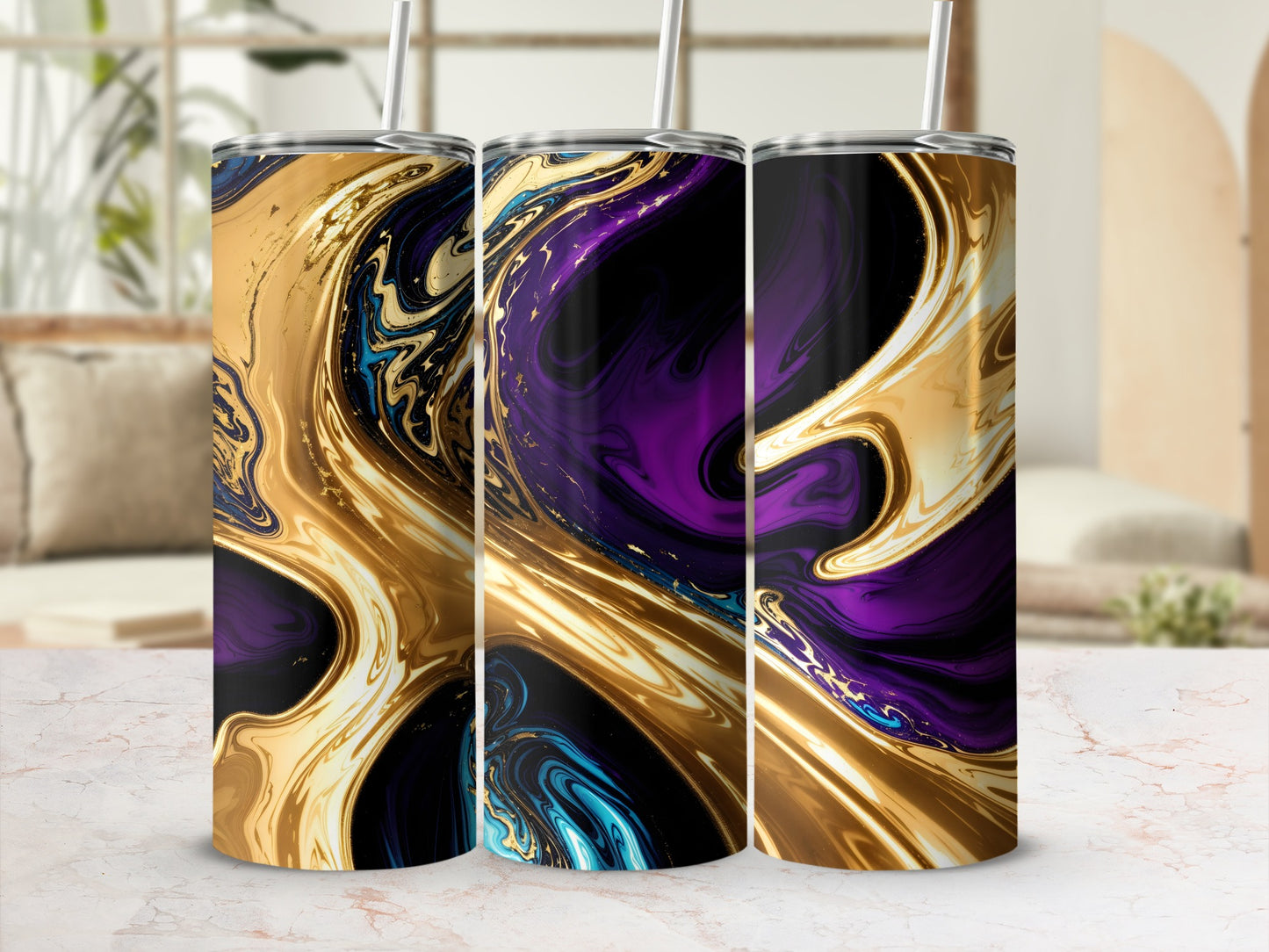 Three tumblers with swirling gold, purple, and blue abstract patterns.