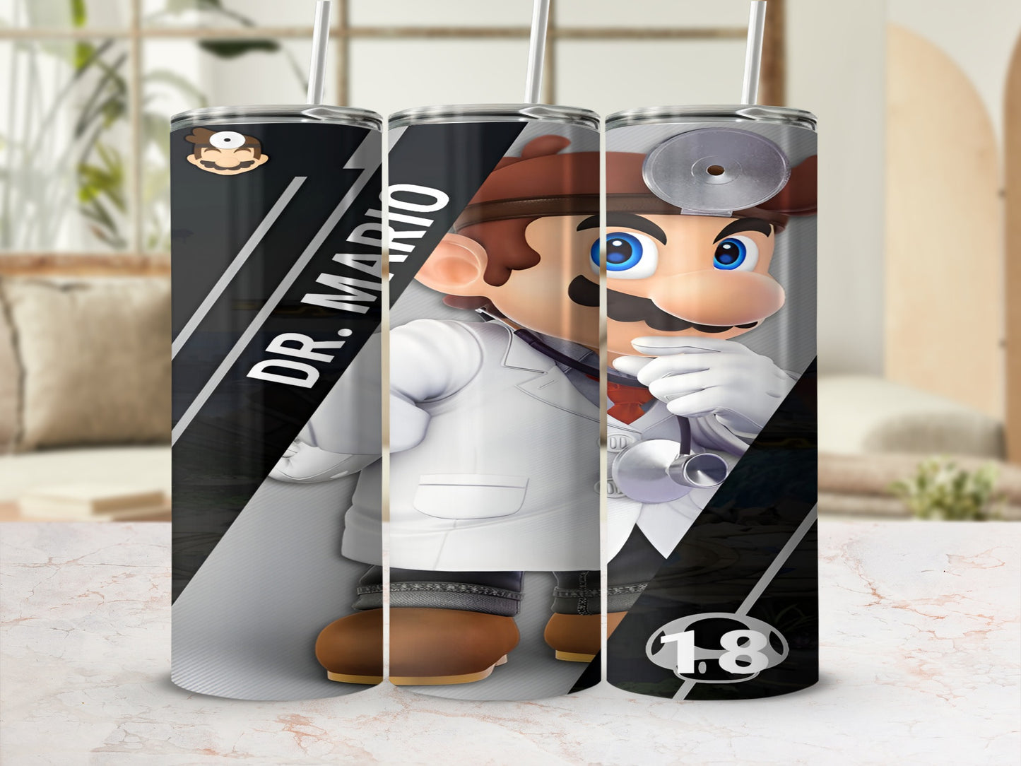 Dr. Mario in a lab coat holding a stethoscope, with "DR. MARIO" text.