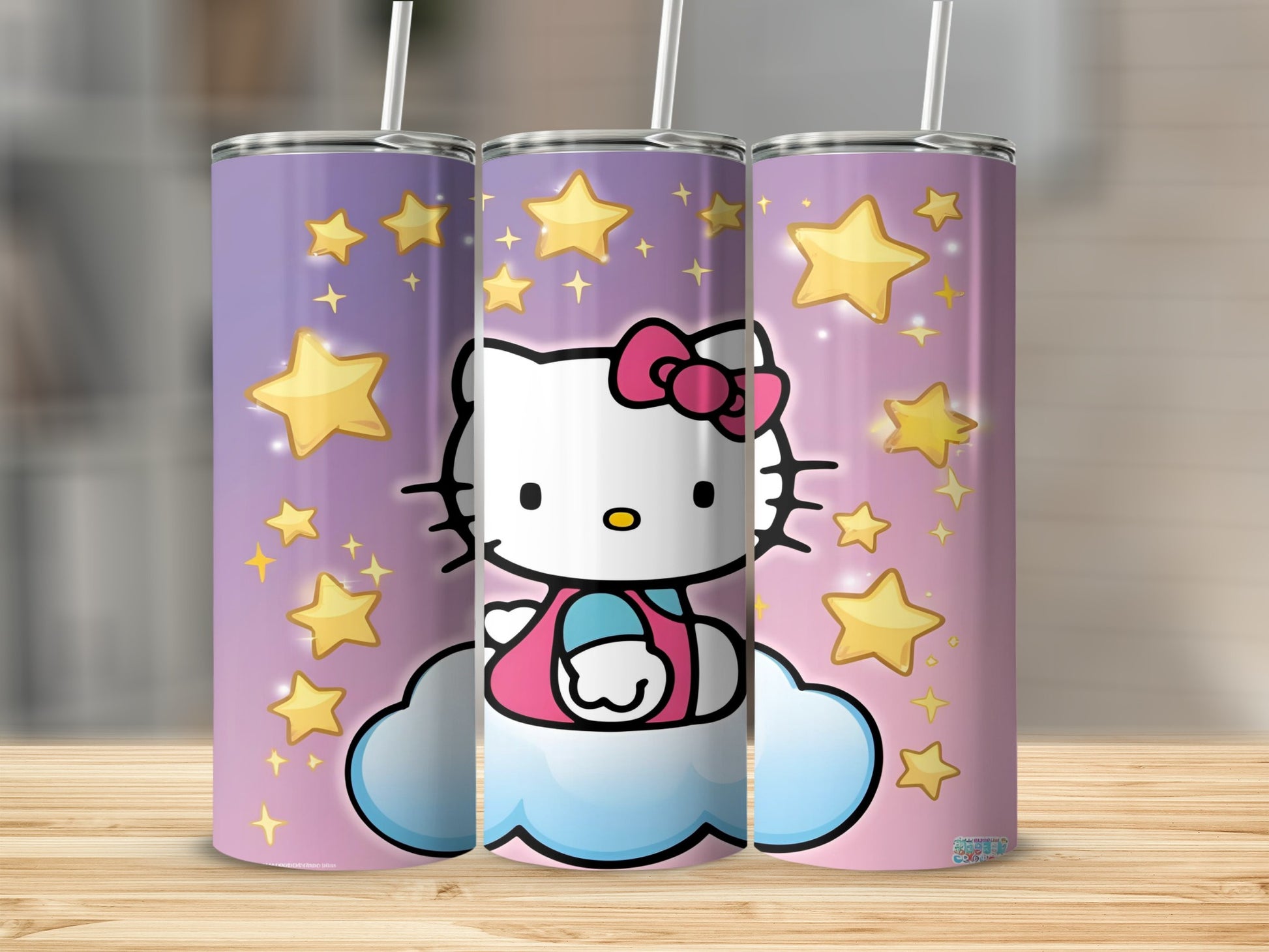 Hello Kitty on a cloud with yellow stars, purple and pink gradient background.