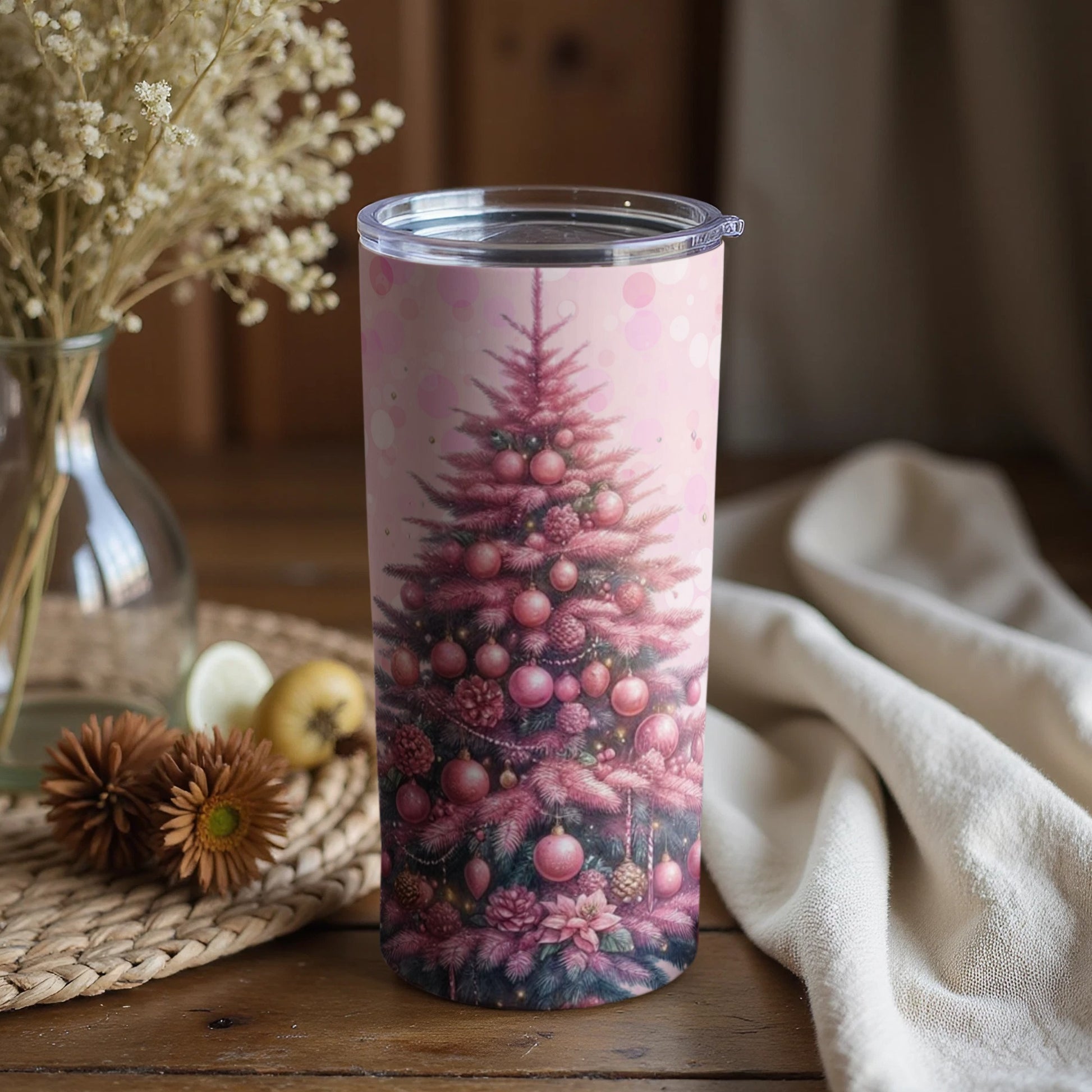 Pink Christmas Tree Tumbler with Festive Ornaments