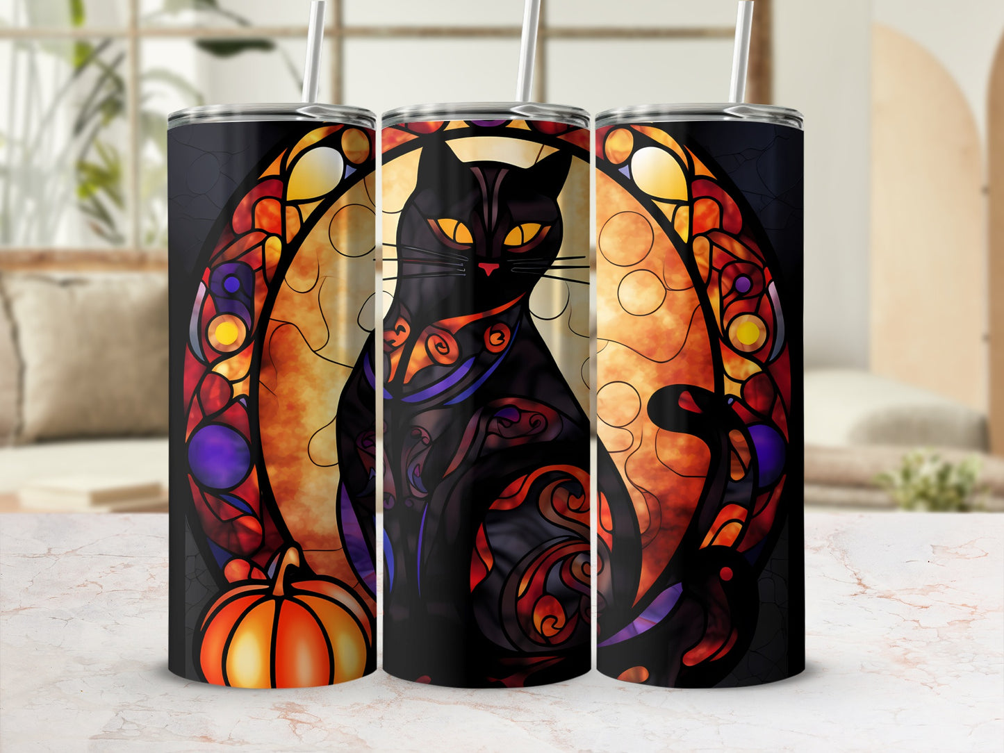 Black cat with stained glass effect on Halloween-themed tumbler.