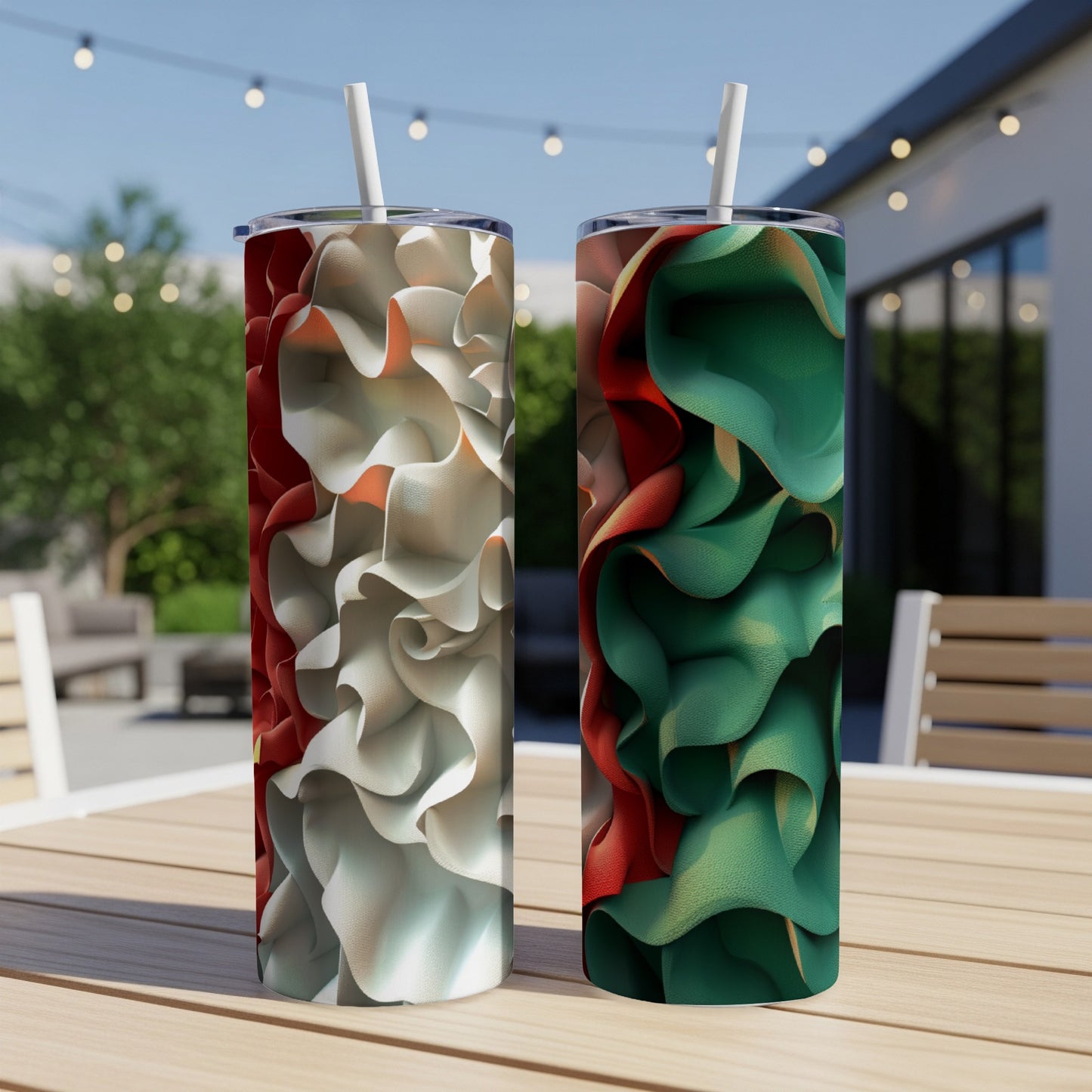 Two tumblers with swirling red and white or red and green abstract patterns.