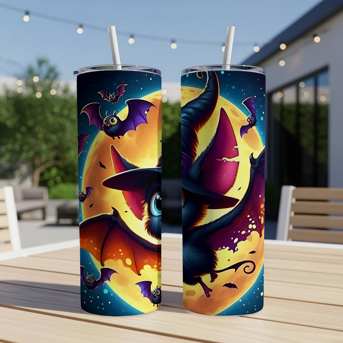 Two tumblers featuring a cute bat with a witch hat and a big moon.