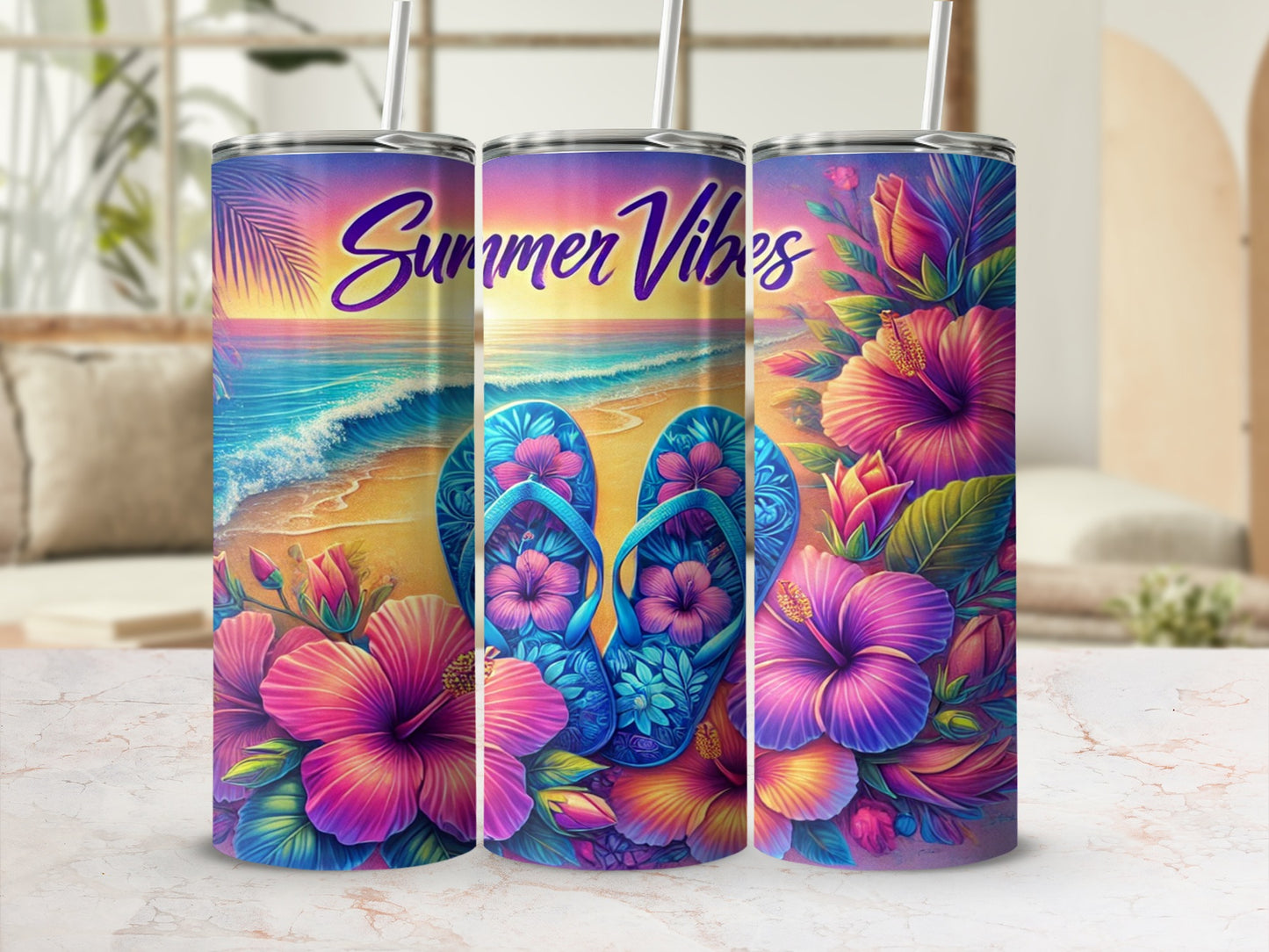 Colorful Summer Vibes Beach Scene Tumbler