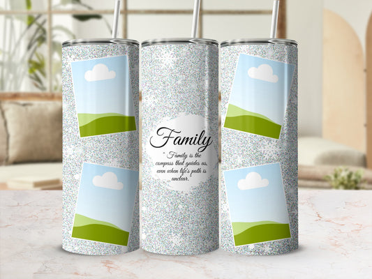 Three tumblers with glitter and "Family" quote with landscape photo placeholders.