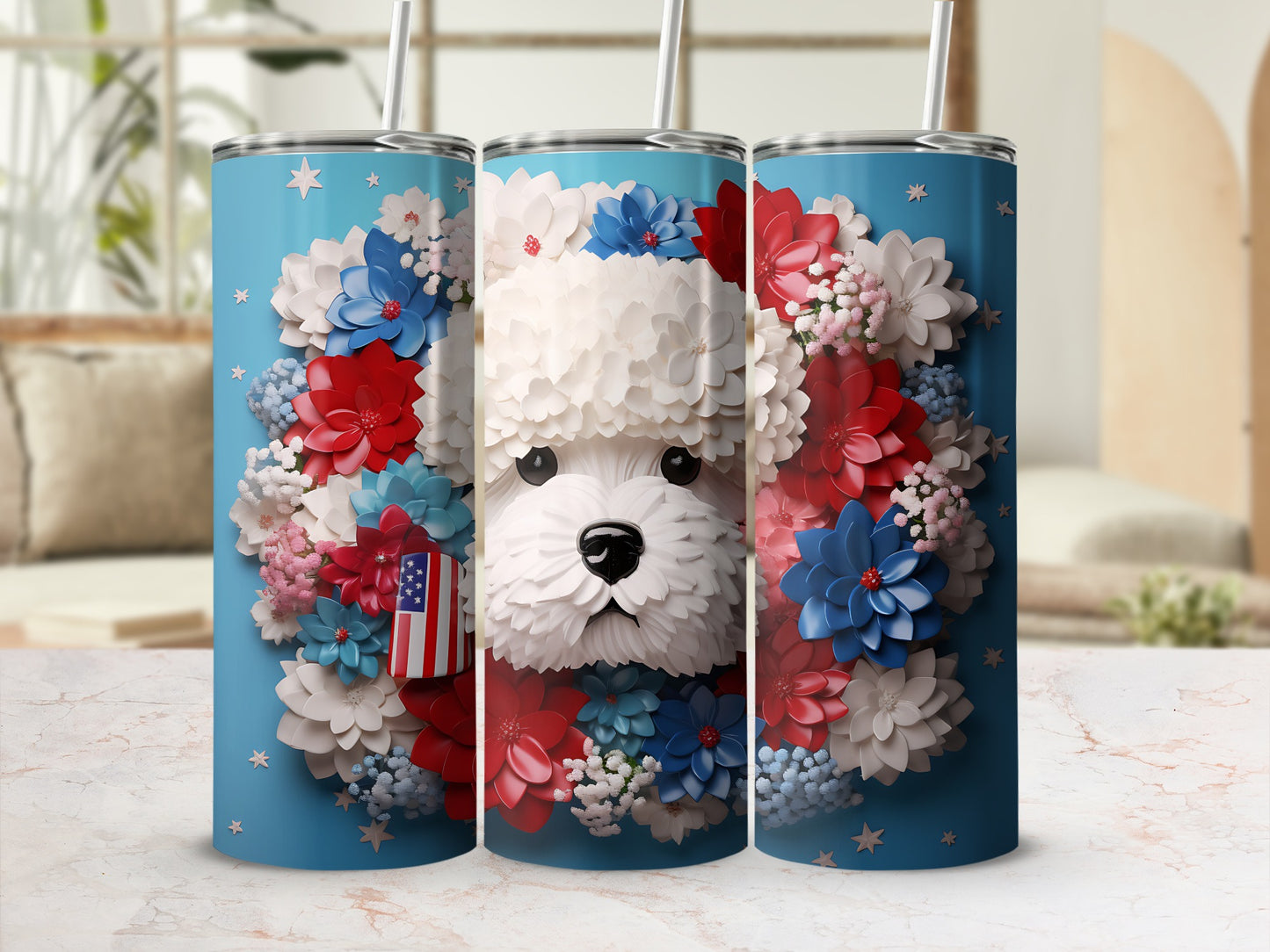 White fluffy dog in patriotic floral wreath on blue tumbler.