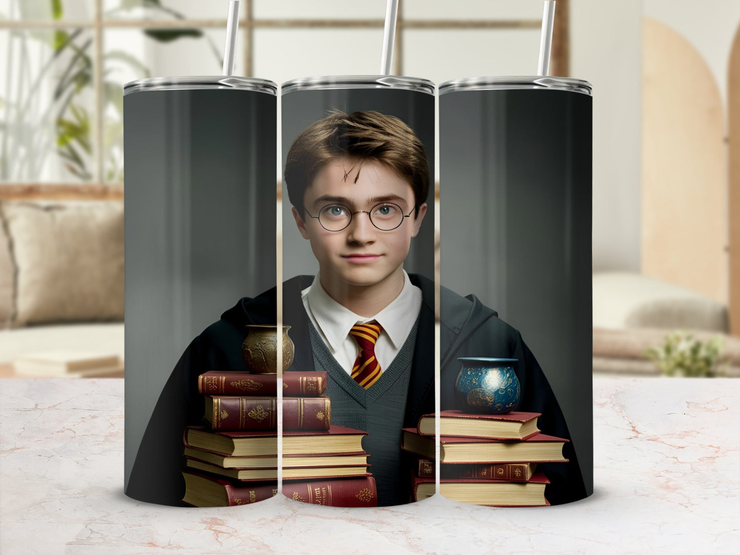 Harry Potter tumbler with stacks of books and golden snitch.