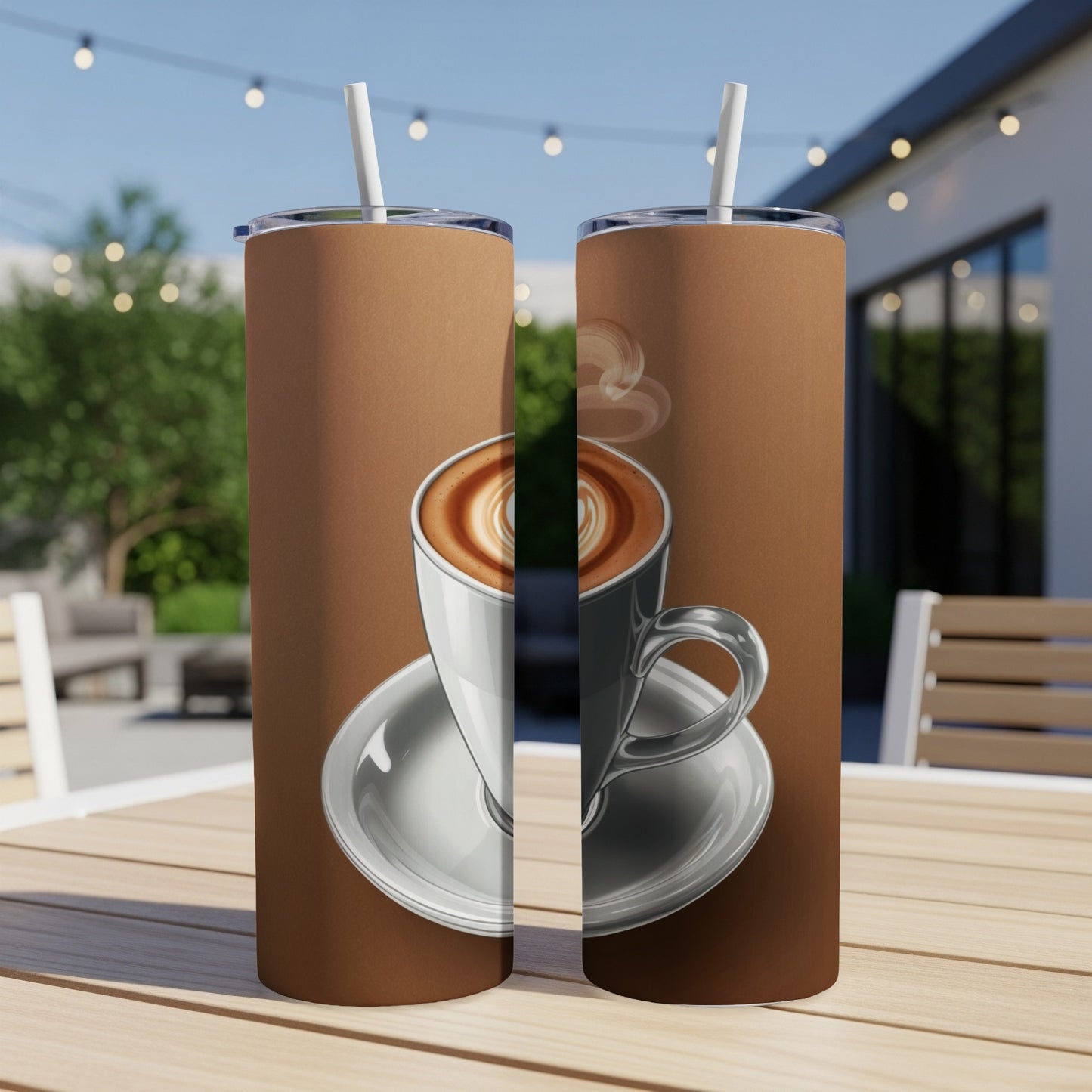 Two tall, skinny mugs with latte art and steam, on a brown background.