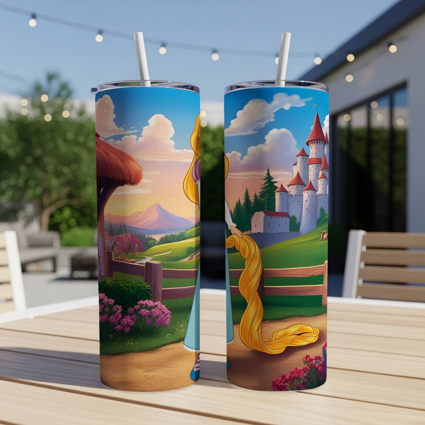 Two Rapunzel tumblers displaying Rapunzel's tower and castle scene.