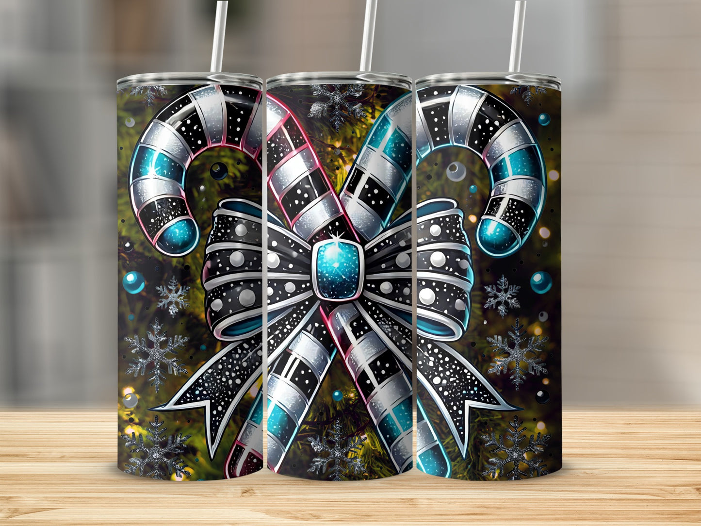 Festive Candy Cane and Bow Design Tumbler