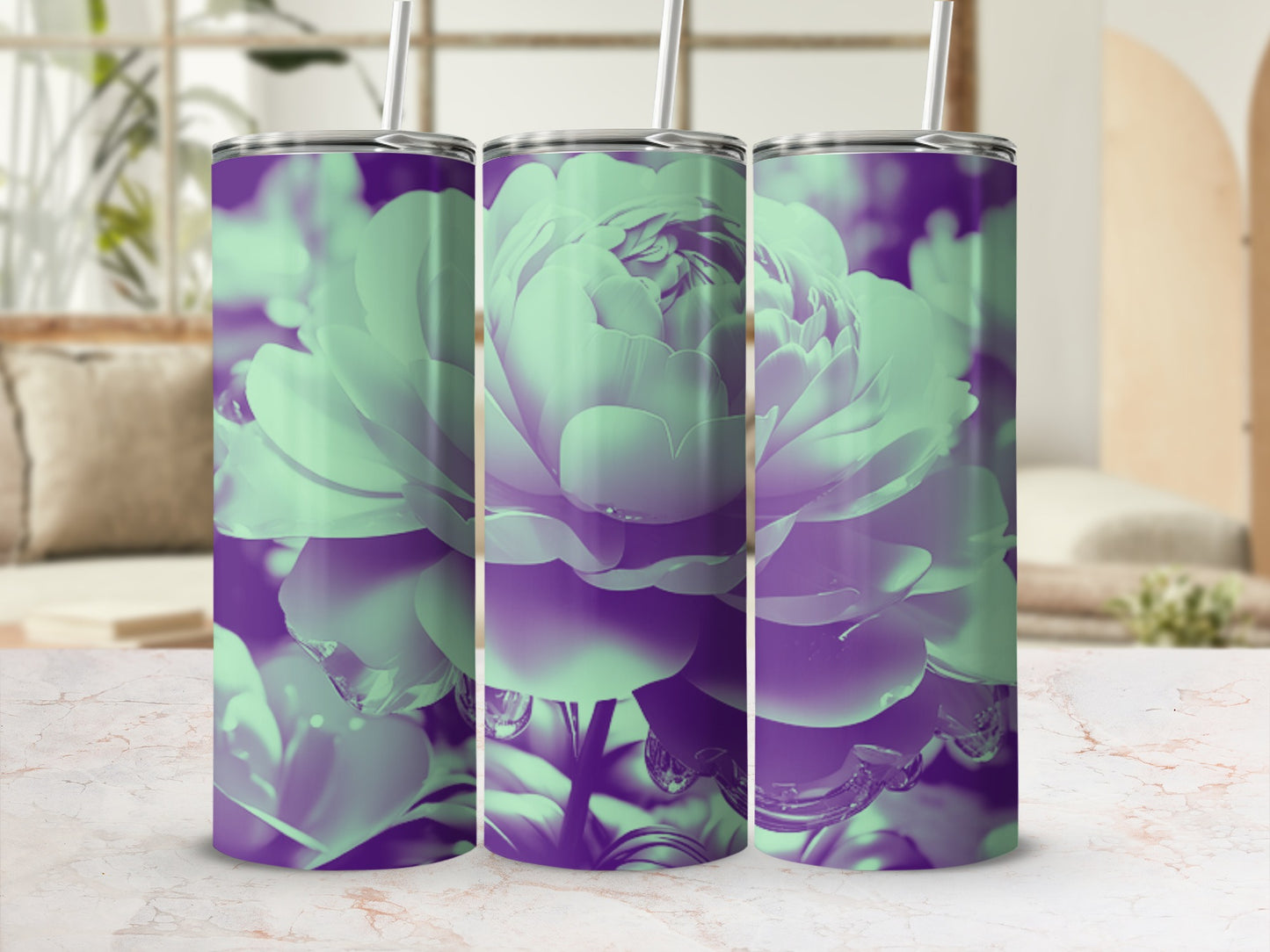 Purple and green gradient peony floral design on three tumblers.