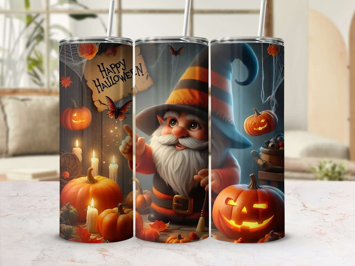 Halloween gnome and pumpkins design on a tumbler with "Happy Halloween" text.