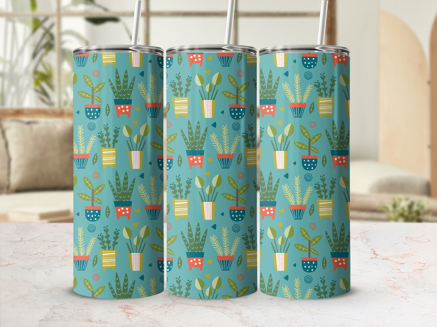 Three tumblers with a teal background and a pattern of potted plants in various colors.