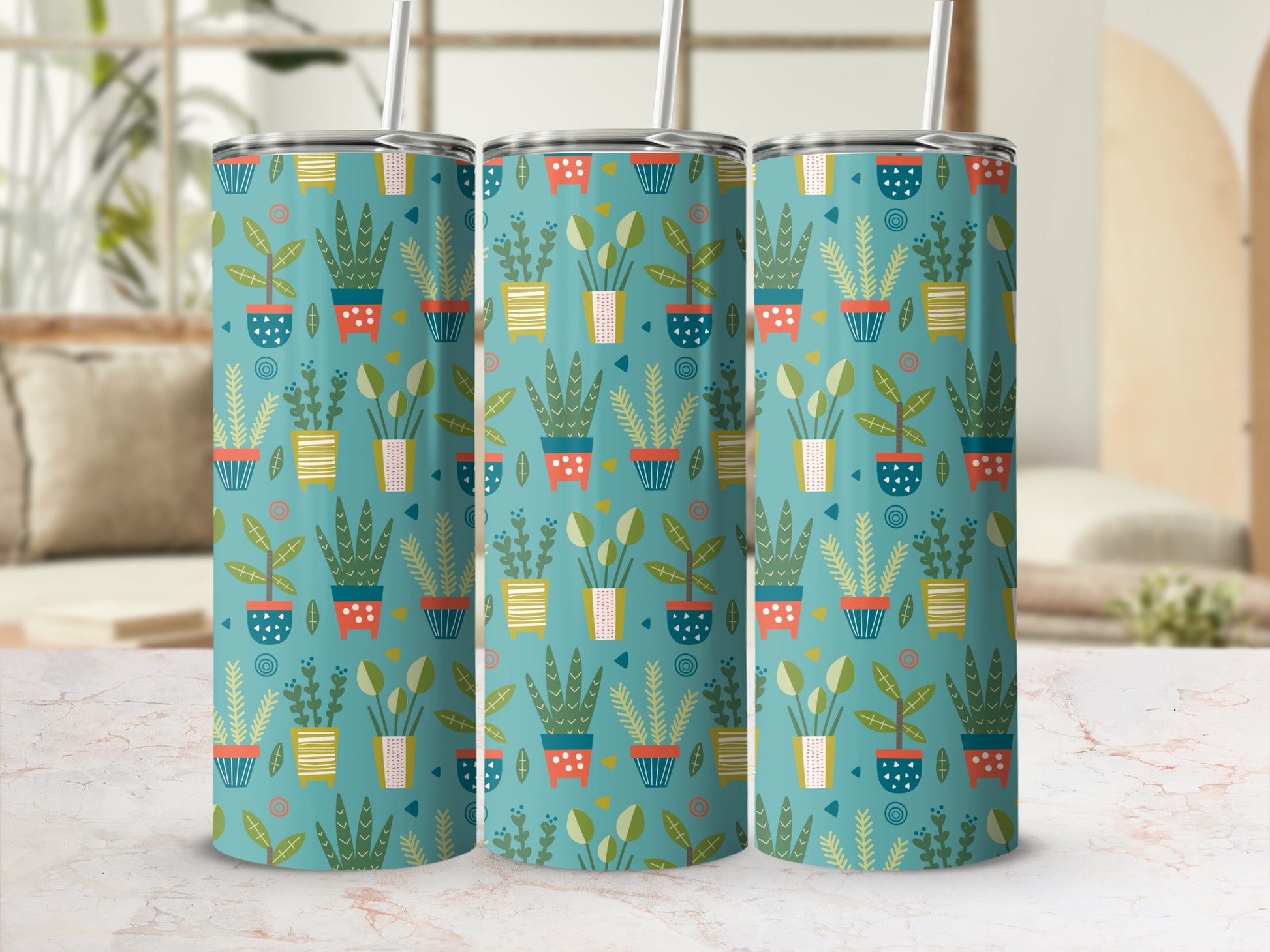 Three tumblers with a teal background and a pattern of potted plants in various colors.