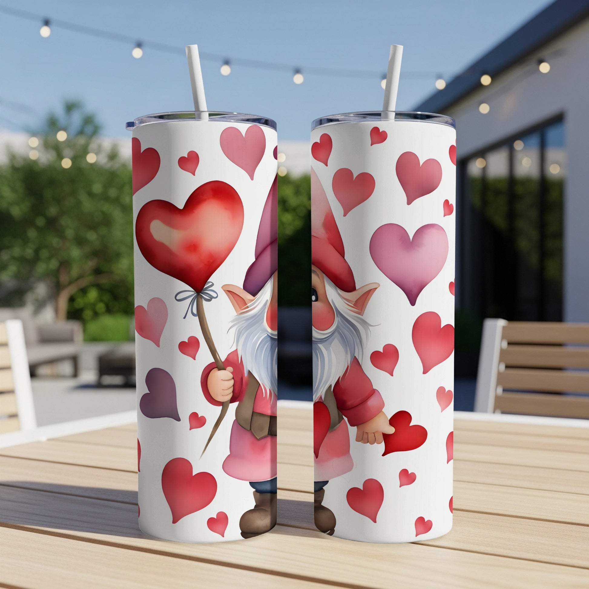Two tumblers with a Valentine's Day gnome and heart design.