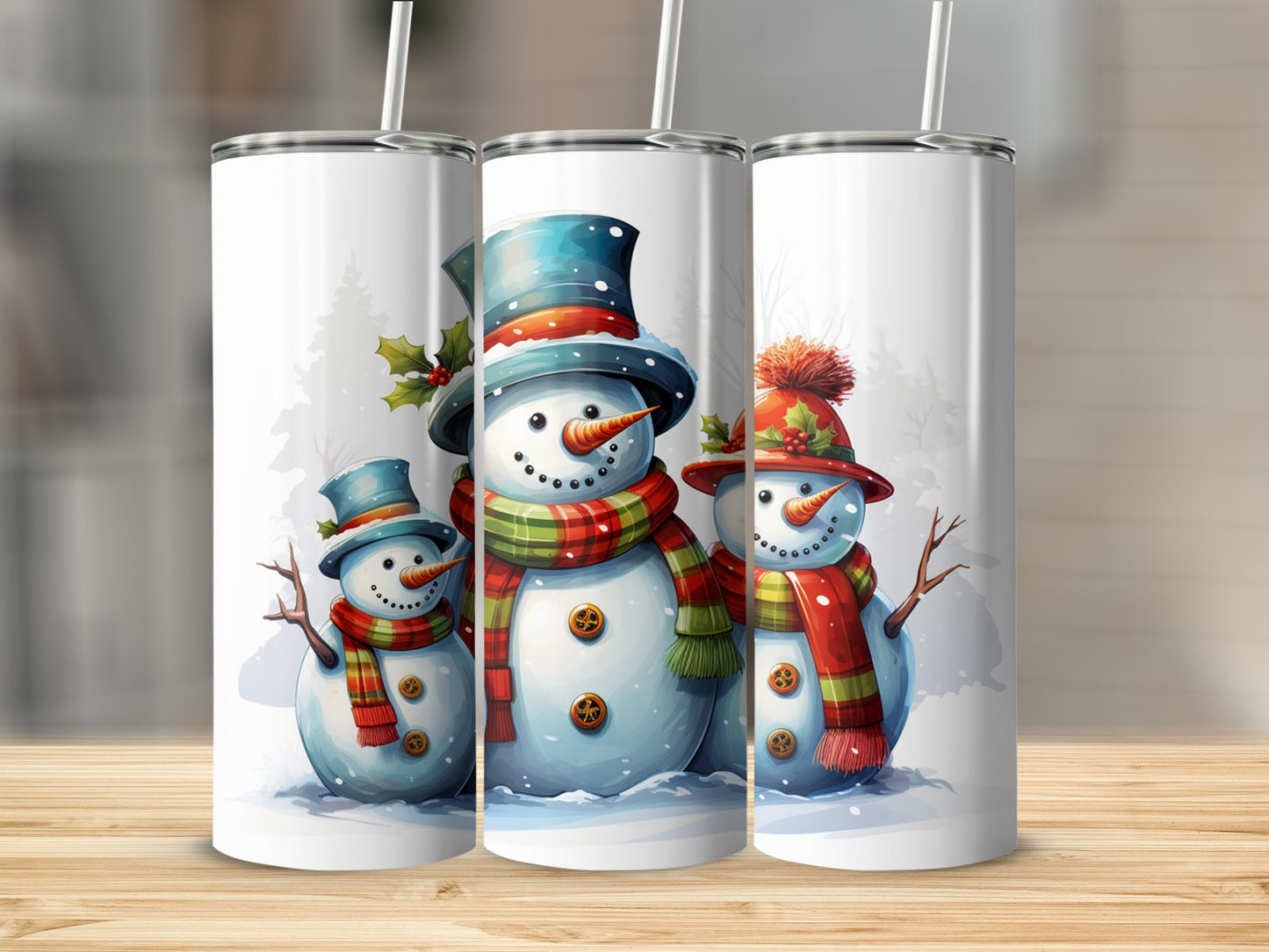 Three festive snowmen with hats and scarves, against a snowy background.