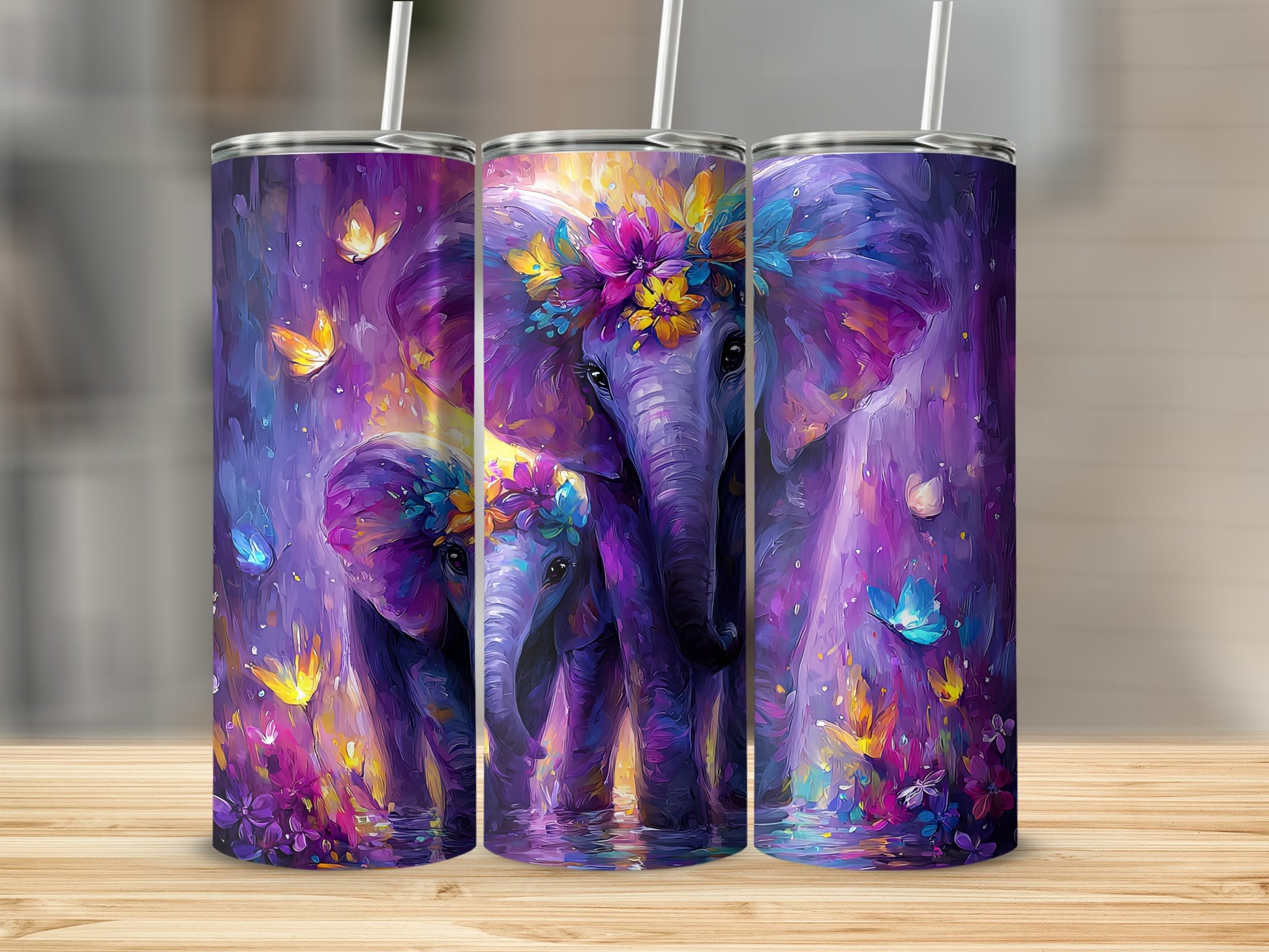 Colorful Elephant and Butterfly Art Tumbler Product