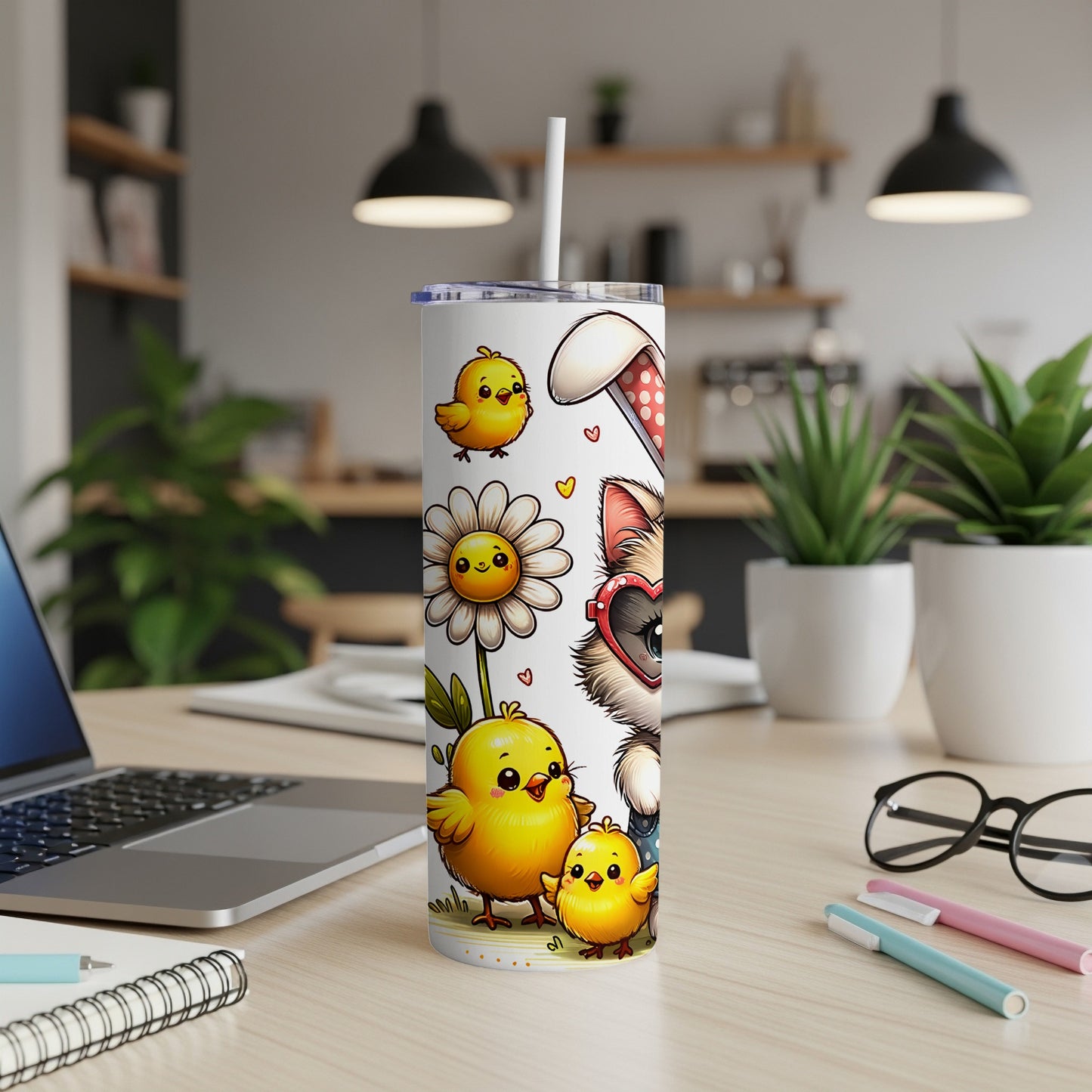 Easter bunny, chicks, and daisy on a white tumbler with straw.