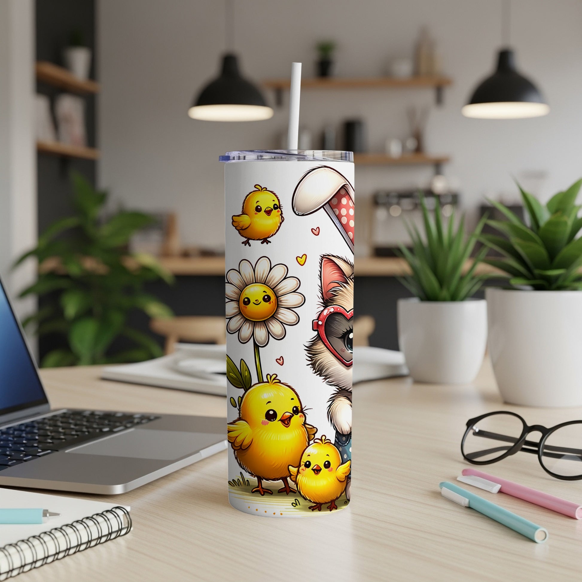 Easter bunny, chicks, and daisy on a white tumbler with straw.