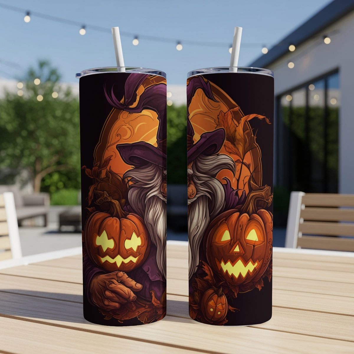 Two tumblers with a Halloween wizard and jack-o'-lantern design.
