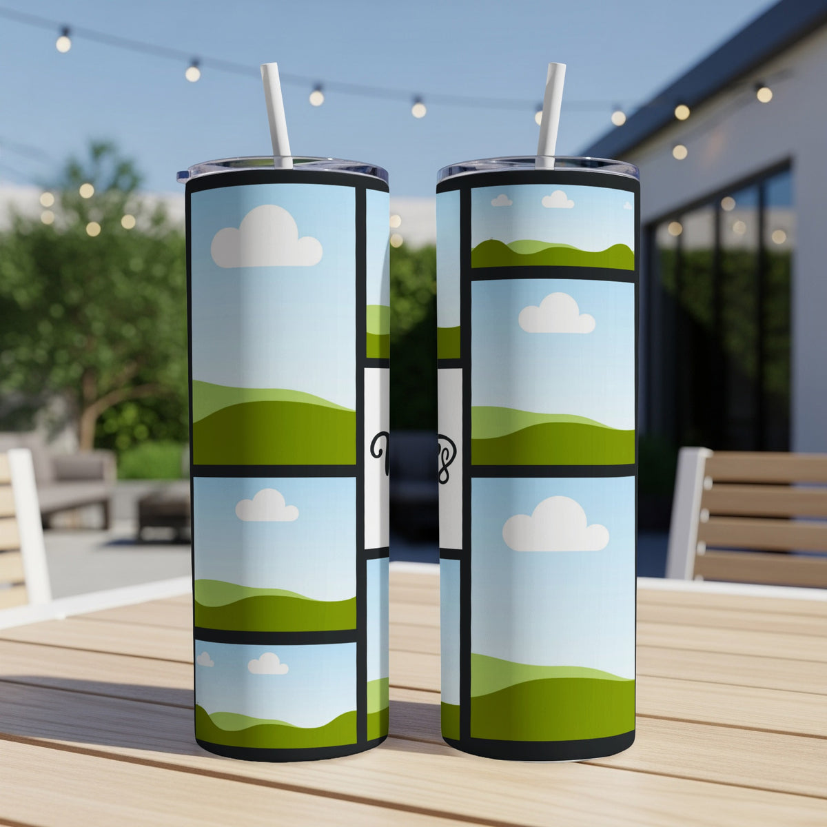 Two tumblers with a collage of landscape photos and the script word "Love".