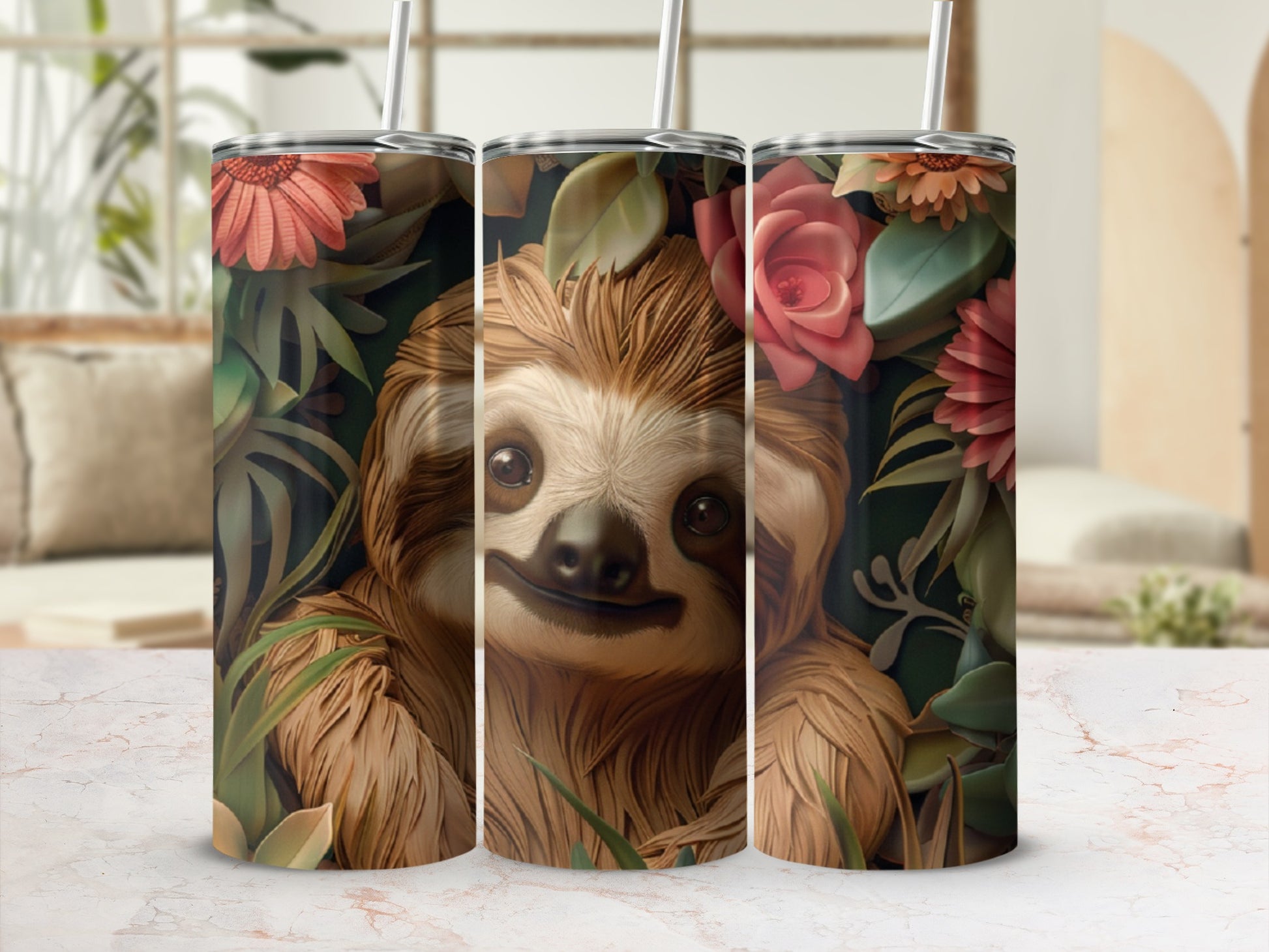 Sloth surrounded by lush green leaves and pink flowers on a tumbler.