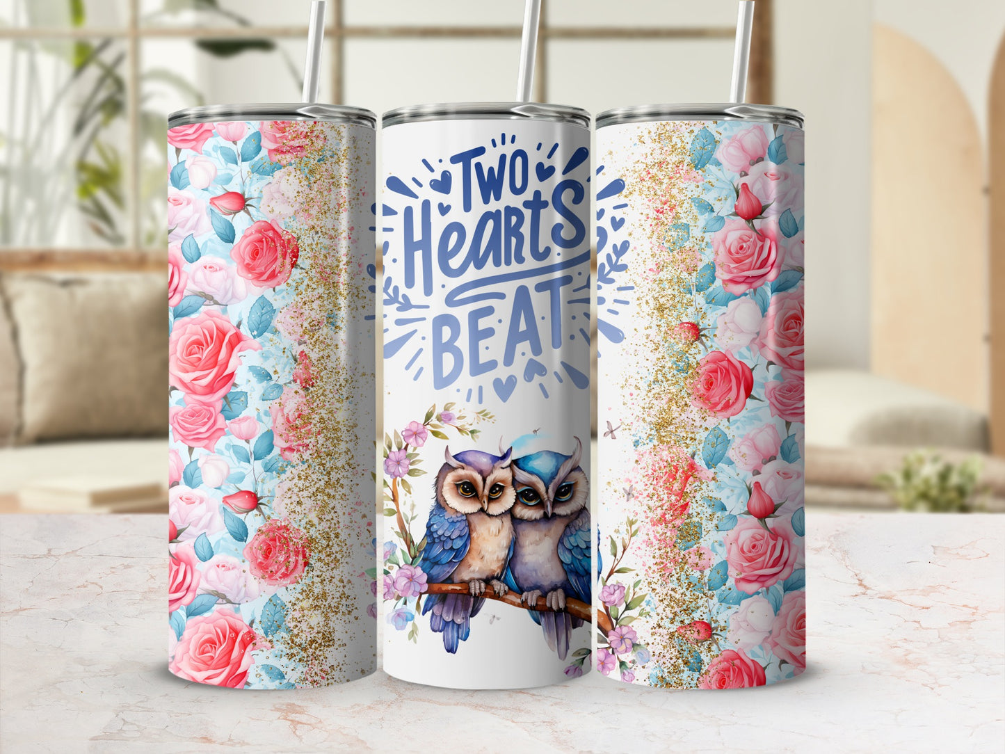 Two Hearts Beat With Owl and Roses Tumbler Cup