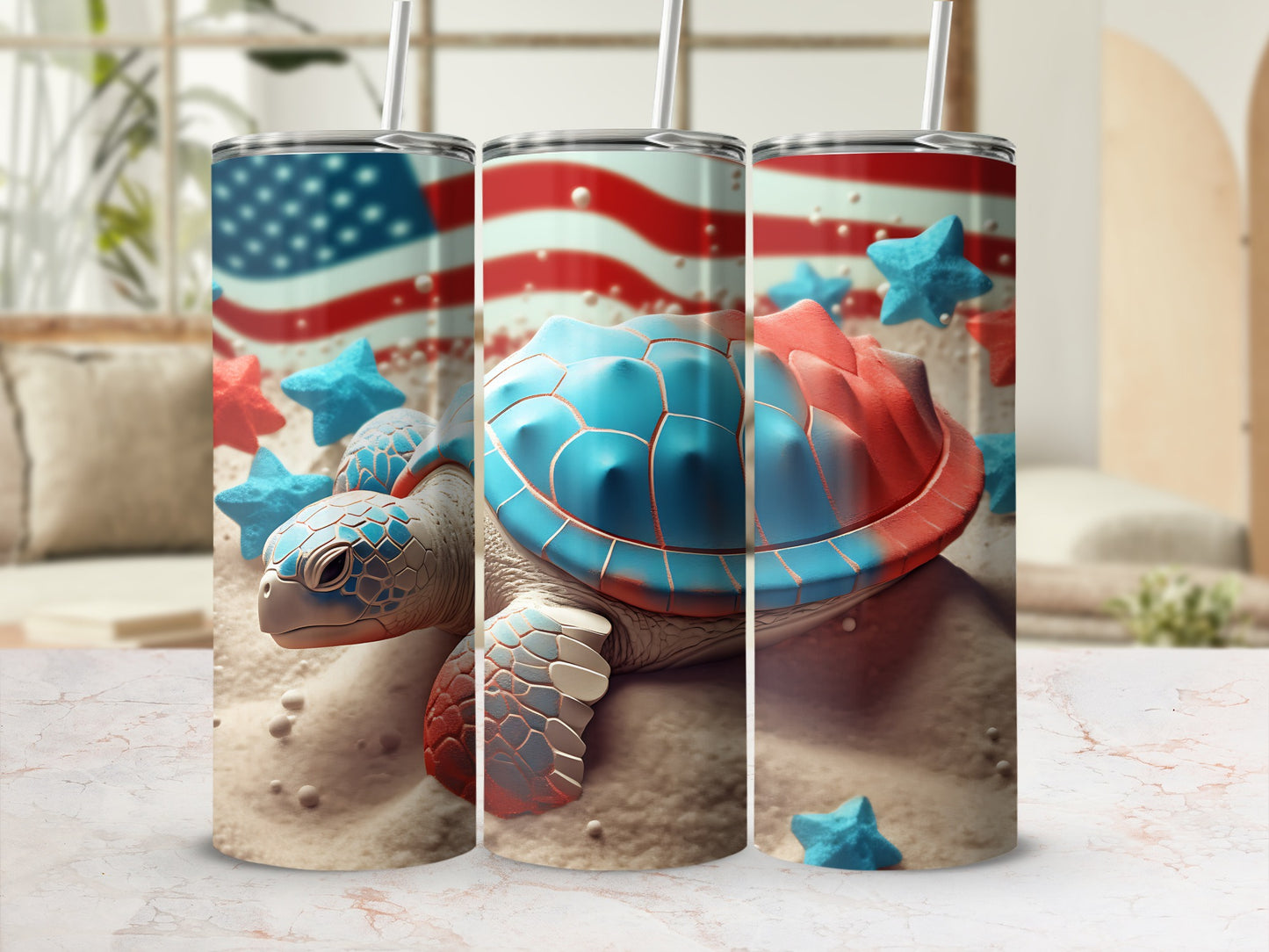 Tumbler with American flag and stars featuring a patriotic turtle design.