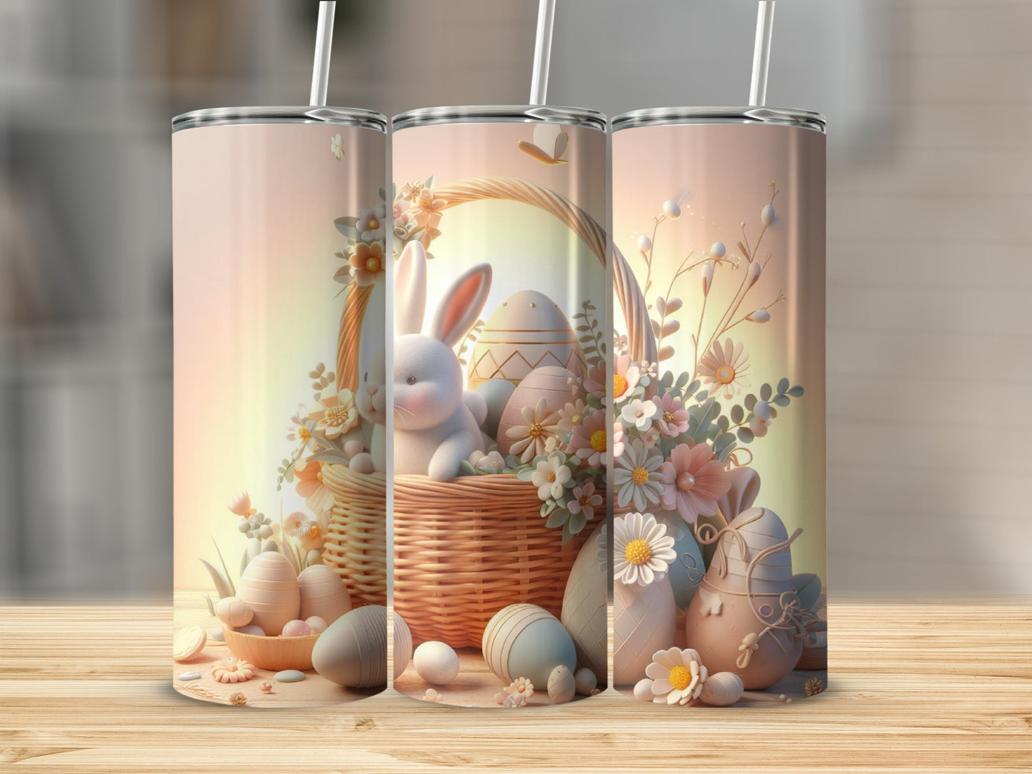 Easter basket with bunny and painted eggs, soft floral background.