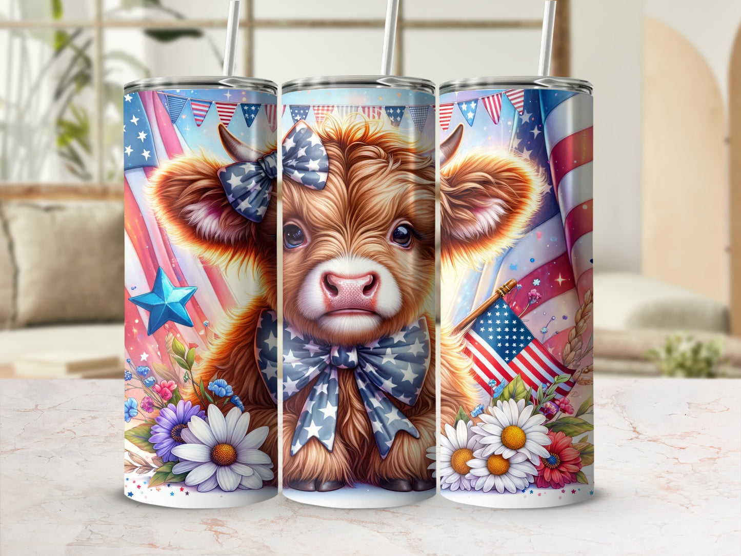 Cow with American flag and flowers on a patriotic tumbler.