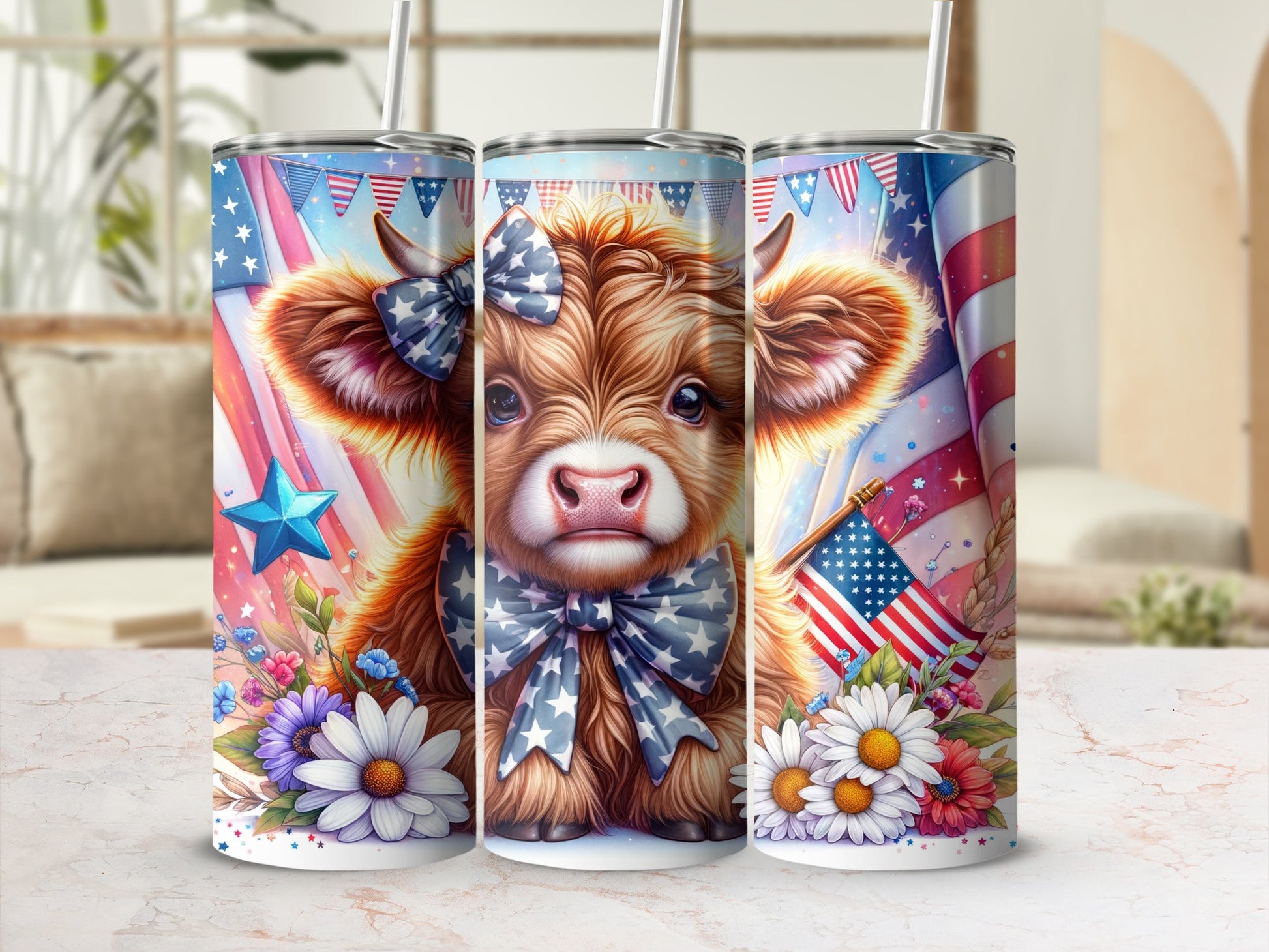 Cow with American flag and flowers on a patriotic tumbler.
