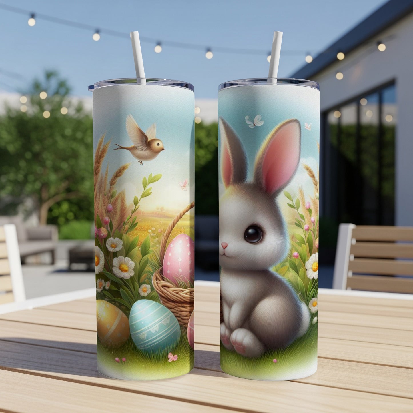 Easter bunny and painted eggs on a patterned tumbler.