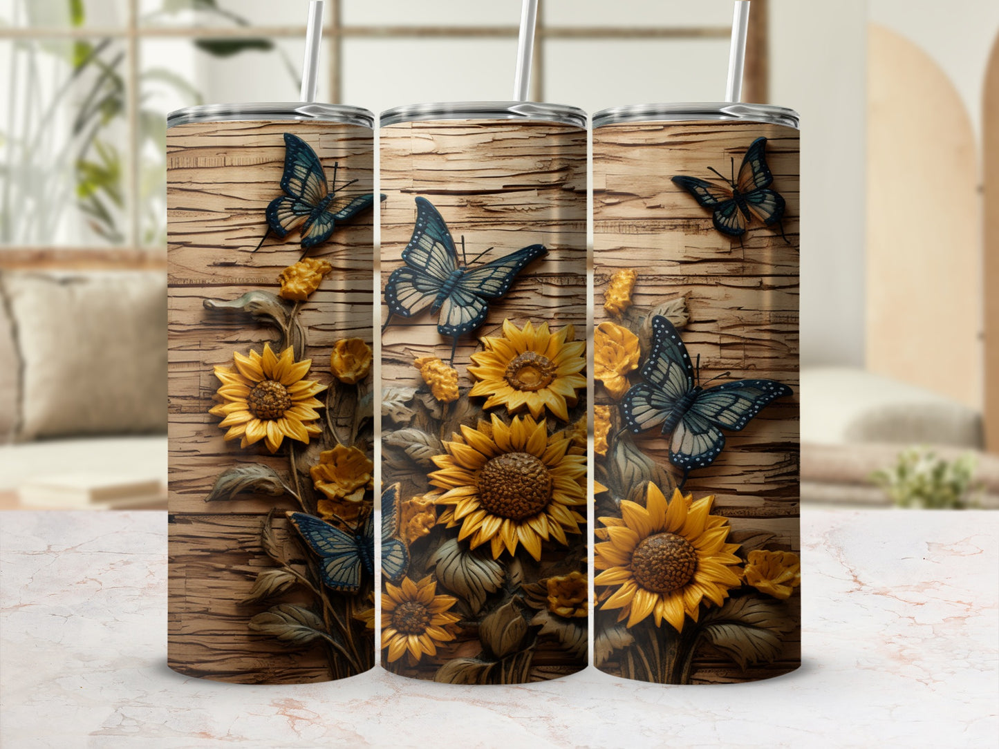 Three tumblers with a wood grain background, sunflowers, and blue butterflies.