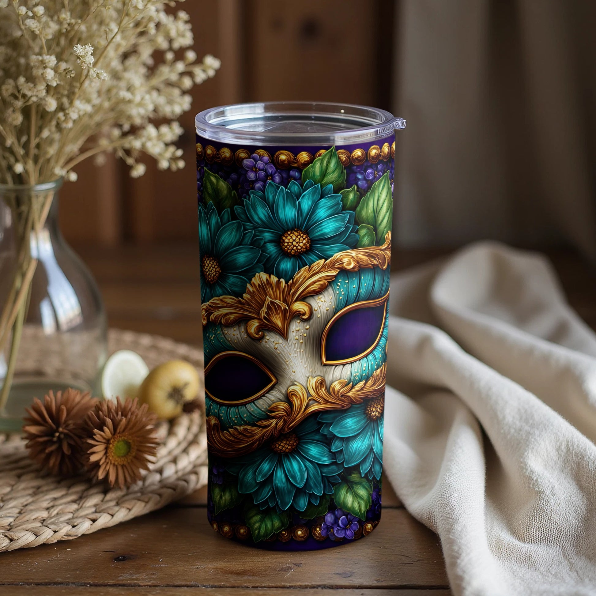 Elegant Floral Teal Gold Masquerade Tumbler Cup