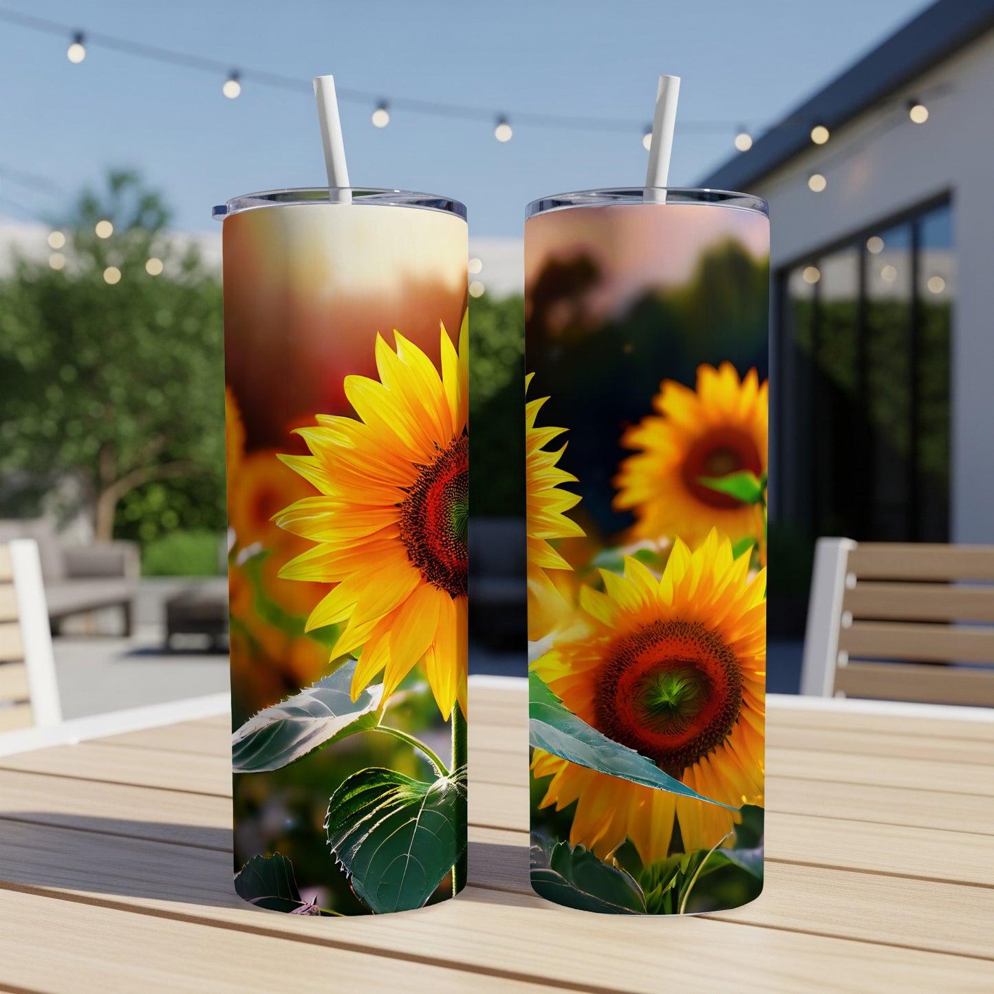 Two tumblers with sunflower designs sit on a wooden table outdoors.