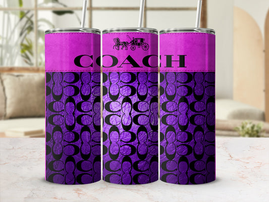 Purple and black Coach logo skinny tumblers with a pink band.
