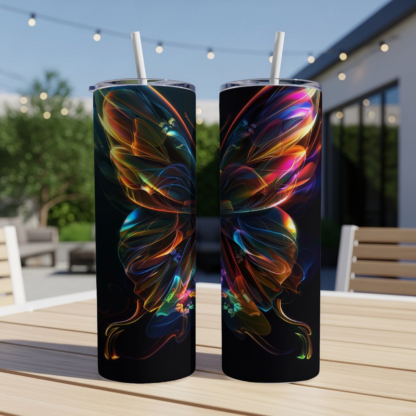 Two tall tumblers with a colorful, abstract butterfly design.