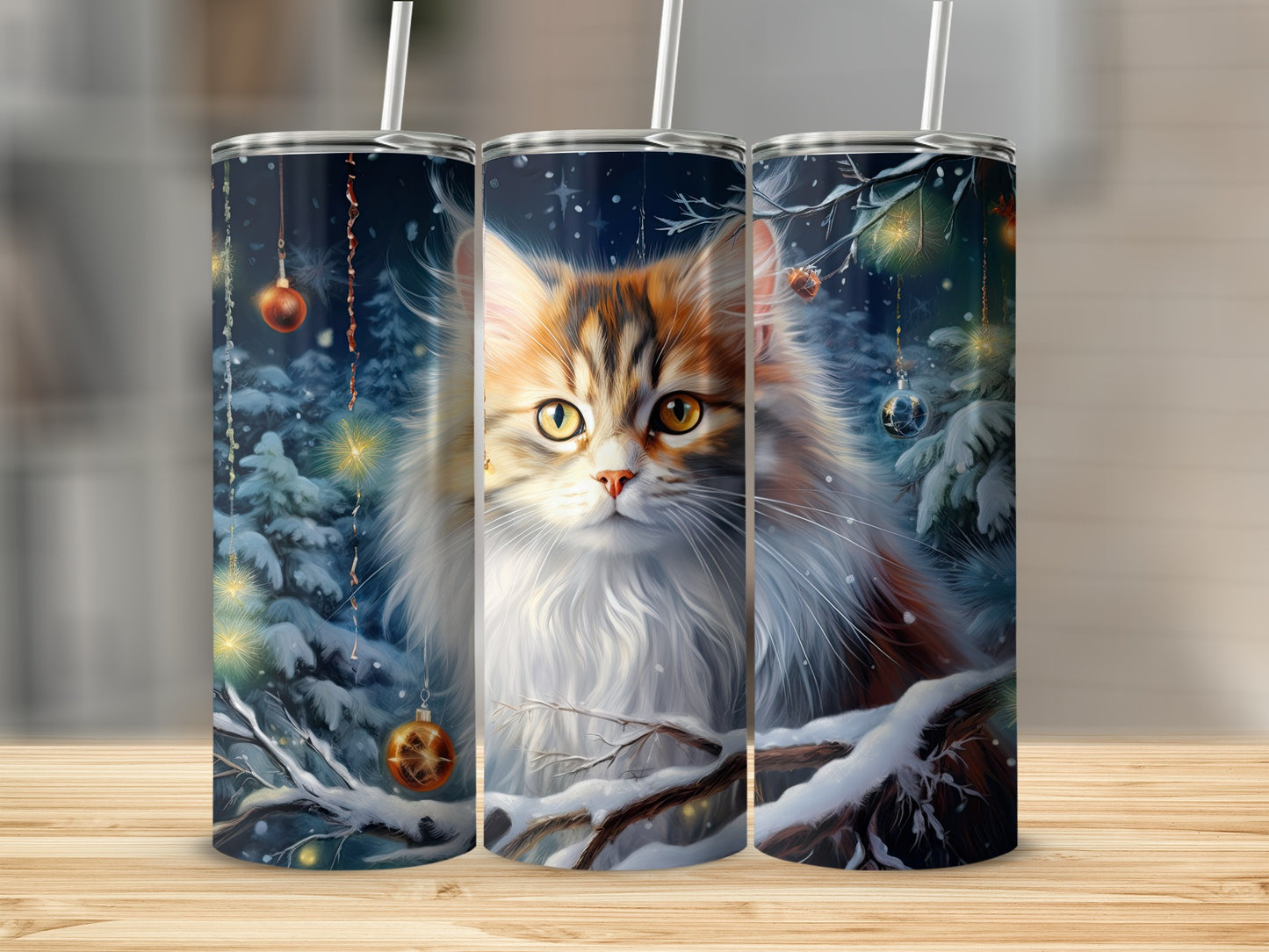 Triptych of a fluffy cat in a snowy forest with Christmas ornaments.