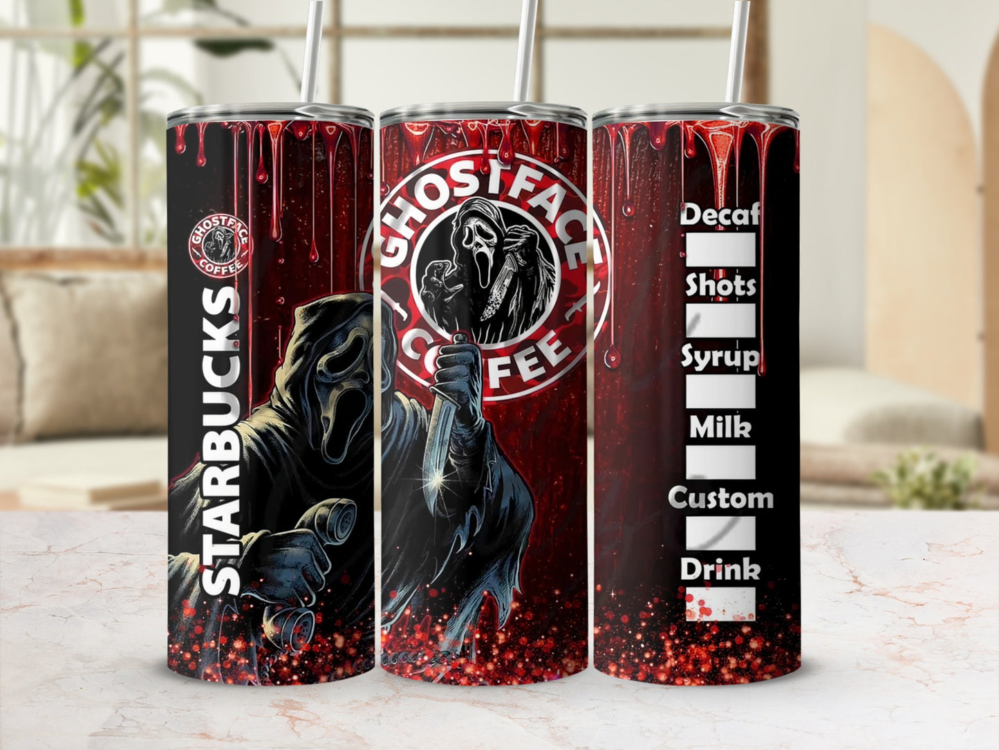Ghostface coffee tumbler with "Starbucks Coffee" and drink options text.