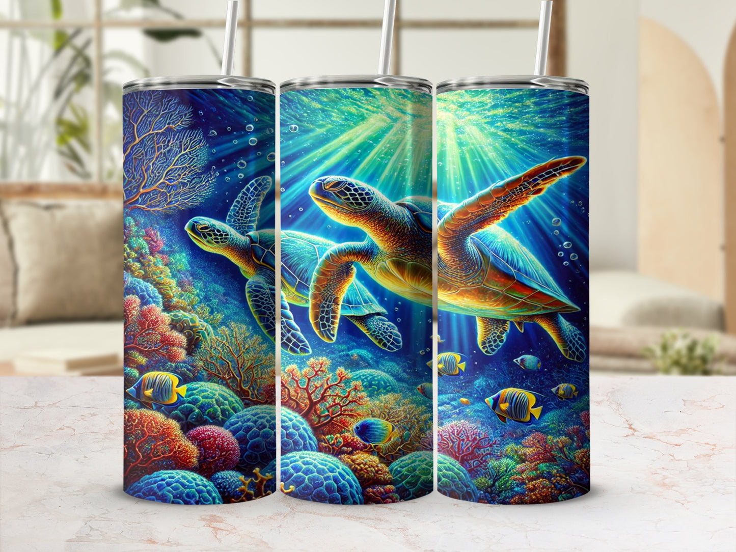 Colorful Ocean Scene with Sea Turtles Tumbler Design