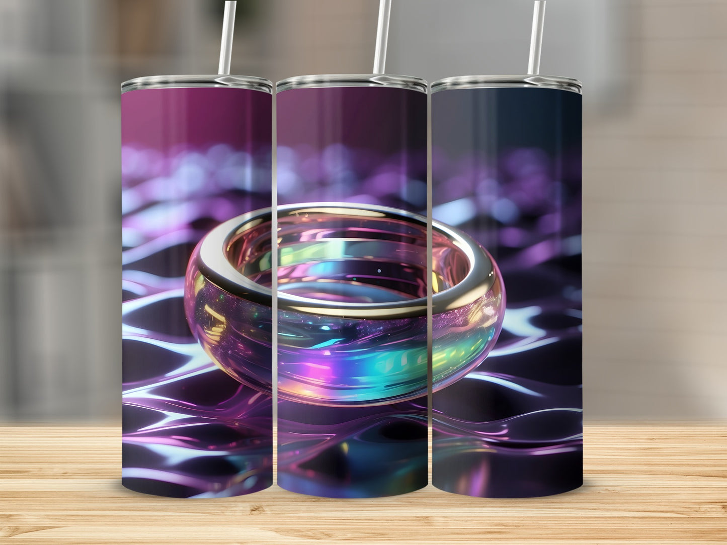 Three tumblers with colorful, iridescent rings against a dark, wavy background.