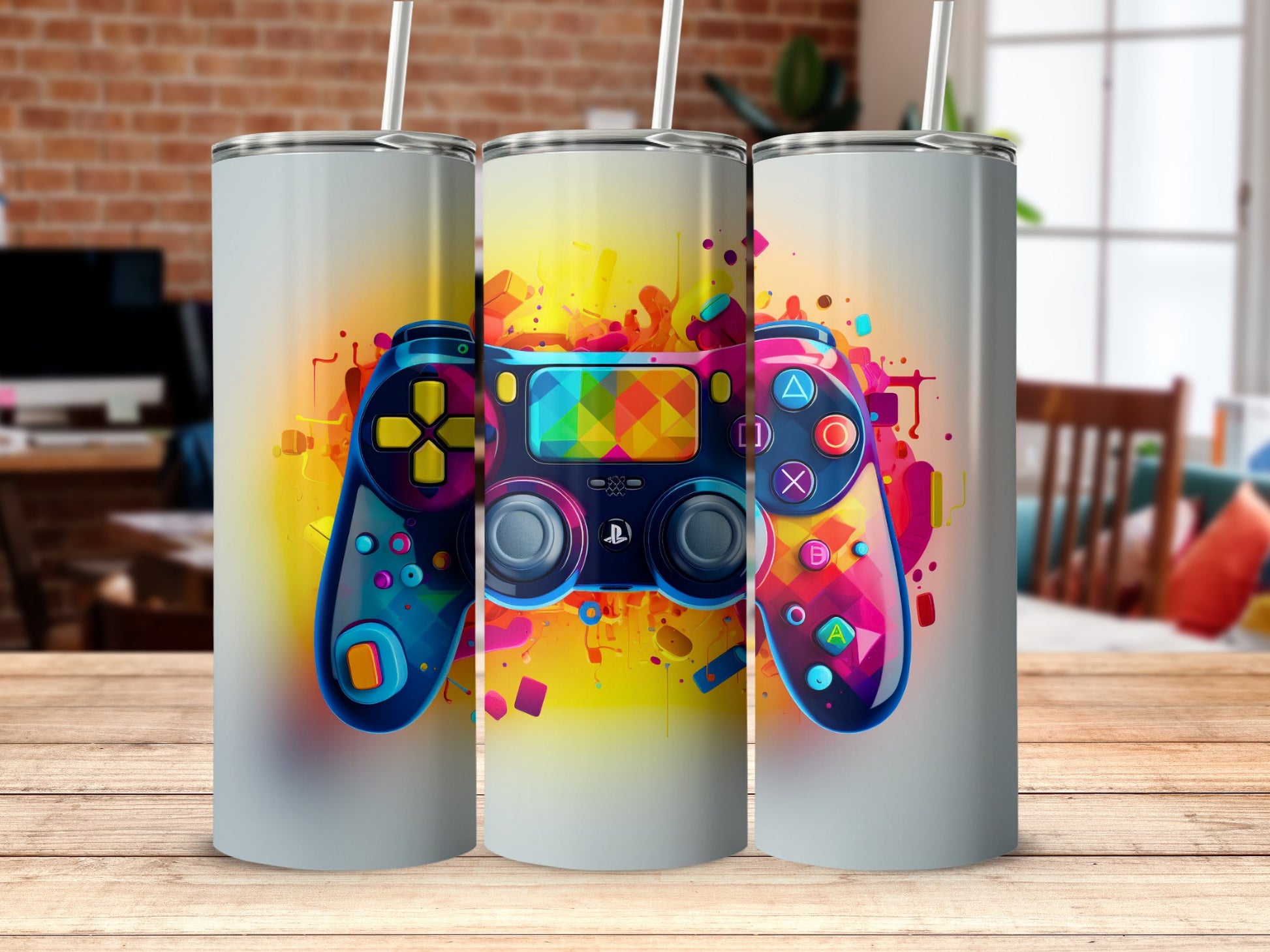 Vibrant Abstract Gaming Controller Tumbler Design